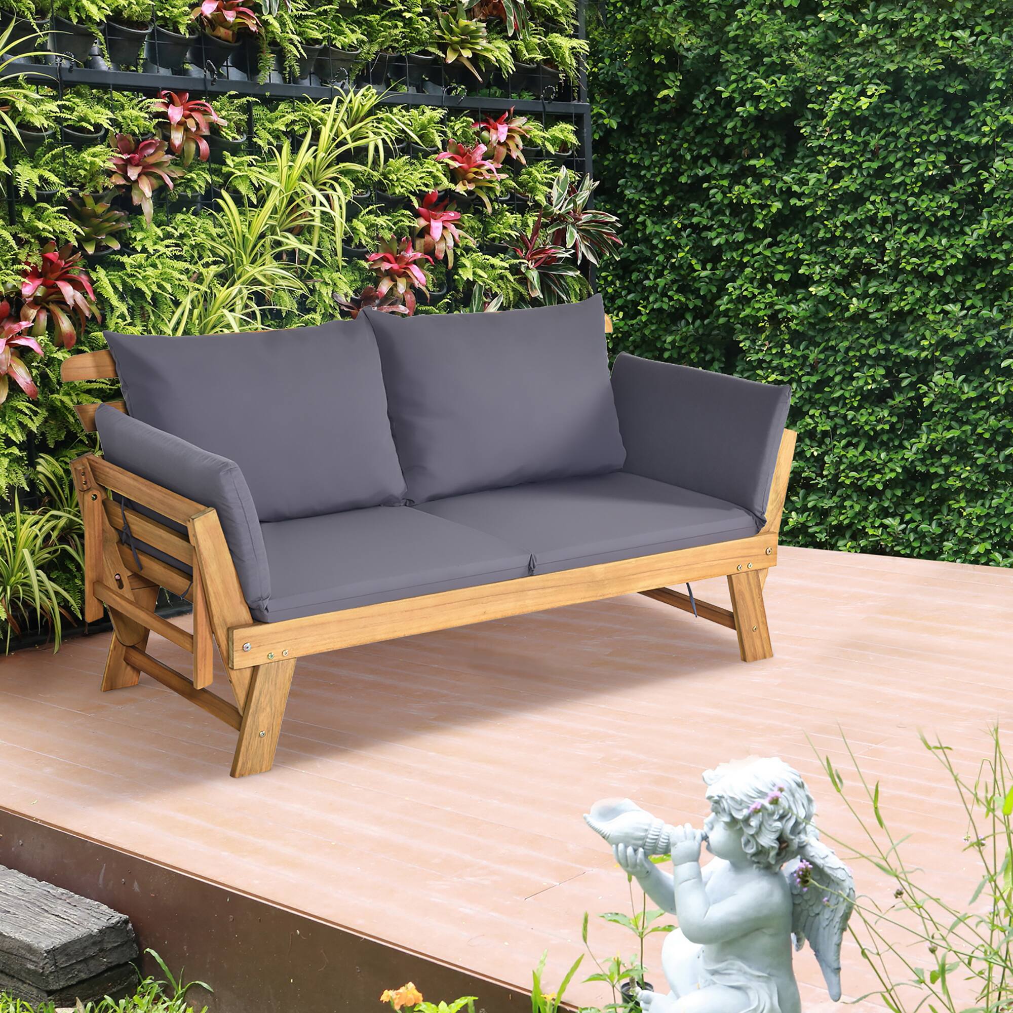 Alt View 3. Gymax - Gymax Adjustable Patio Sofa Daybed Acacia Wood Furniture w/ Cushion Pillow - Grey.