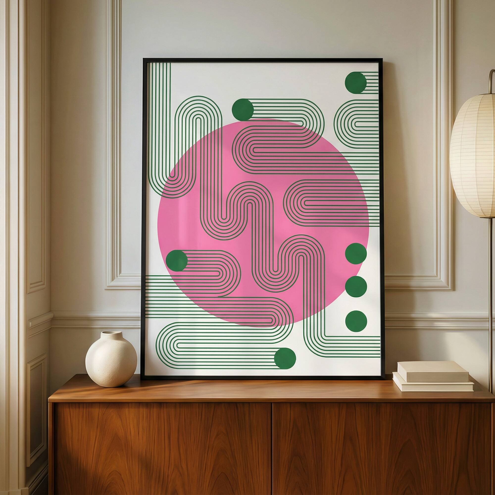 Alt View 2. HOMLUX - 1 Piece Framed Abstract Canvas Wall Art Pink Circle Wall Decor Green Line Art Decorative Canvas Print 36 in. x 24 in. - Multi-Colored.
