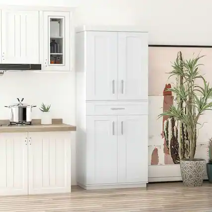 Front. Kadyn - Modern Freestanding Pantry Cabinet with Adjustable Shelves & Drawer, White - White.