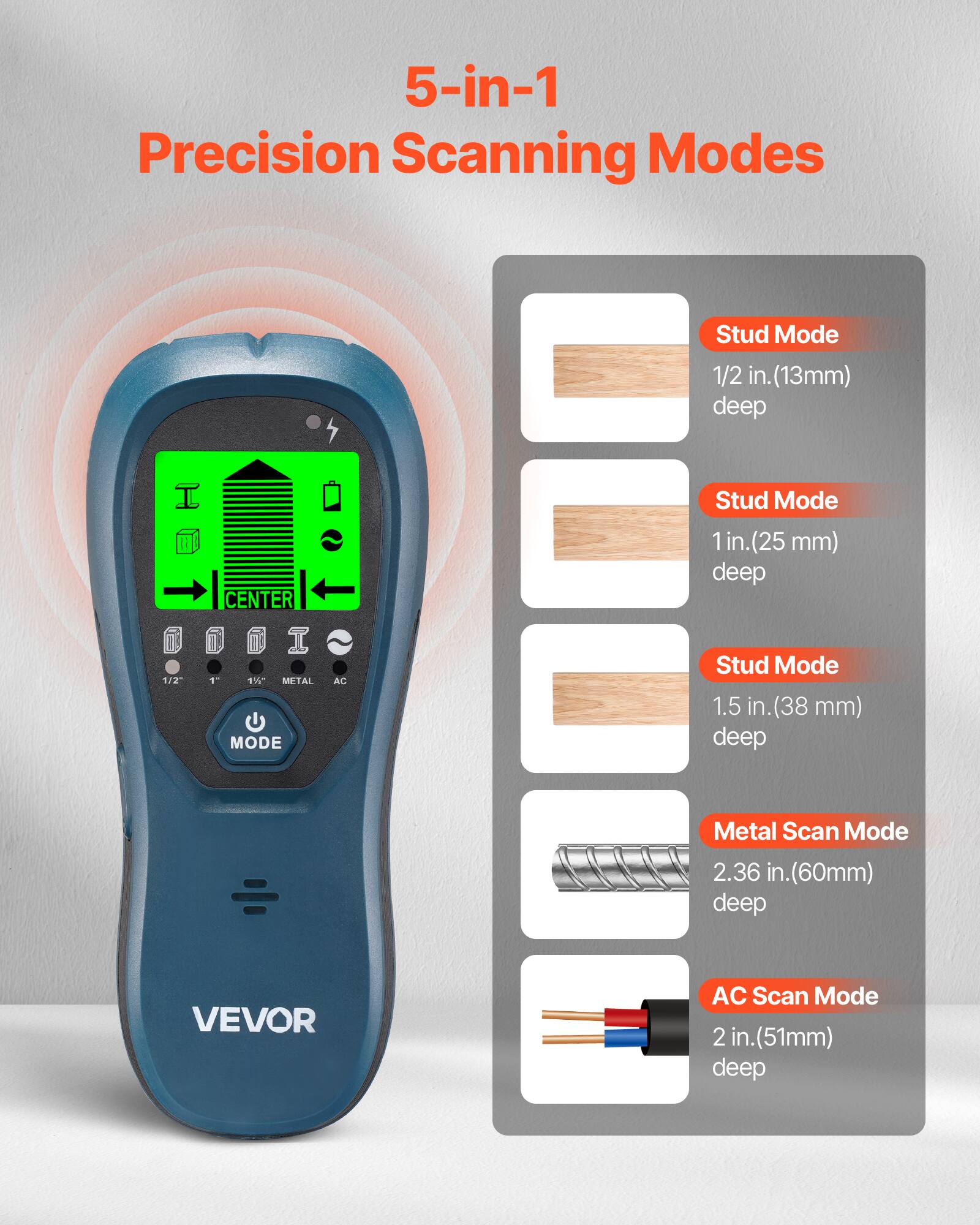 5-in-1 Precision Scanning Modes

- Stud Mode 1/2 in. (13mm) deep
- Stud Mode 1 in. (25 mm) deep
- Stud Mode 1.5 in. (38 mm) deep
- Metal Scan Mode 2.36 in. (60mm) deep
- AC Scan Mode 2 in. (51mm) deep