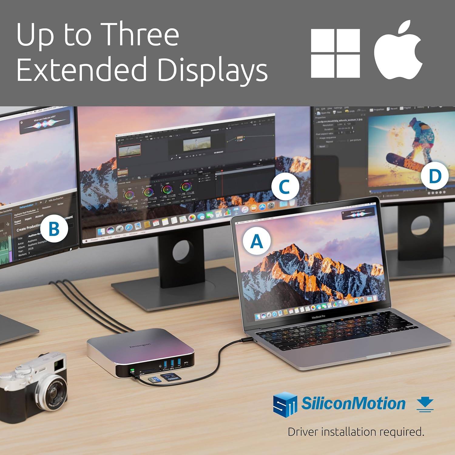 Up to Three Extended Displays

- A
- B
- C
- D

SiliconMotion Driver installation required.
