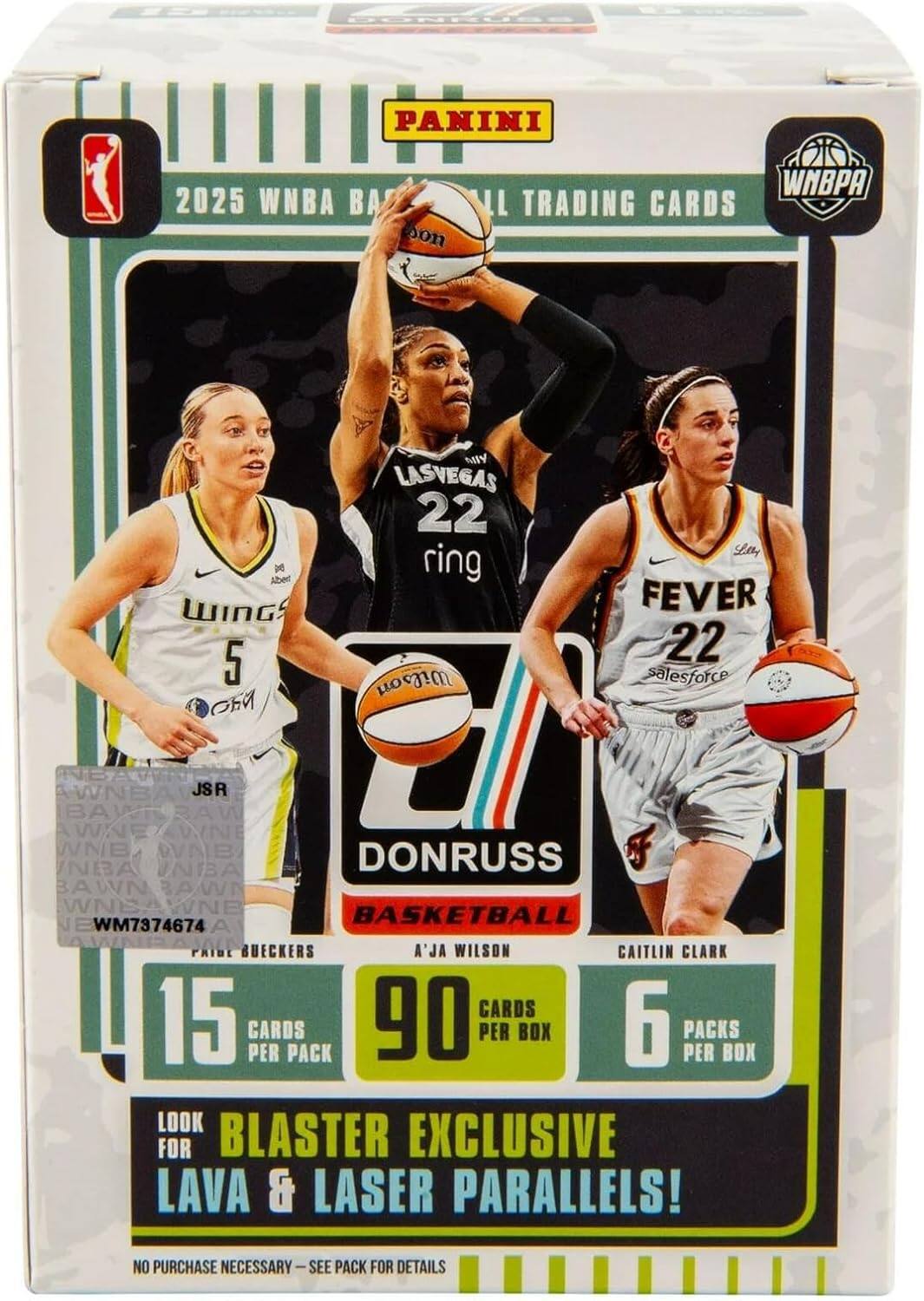 CONRUDS PANINI 2025 WNBA BA WNBPA 11 TRADING CARDS  
oon K Abec WINGS 5  
NIY LASVEGAS 22 ring  
Lary FEVER 22 salesforce  
IEAXNE WNBAL JSR BAWNBAW AWNE NEZWN WNB VNB DONRUSS NBA INBBA BAWN BAWN WNBA WNE BASKETBALL WM7374674 BUECKERS A'JA WILSON CAITLIN CLARK CARDS  
15 CARDS PER PACK  
90 CARDS PER BOX  
6 PACKS PER BOX  
LOOK FOR BLASTER EXCLUSIVE LAVA & LASER PARALLELS!  
NO PURCHASE NECESSARY - SEE PACK FOR DETAILS