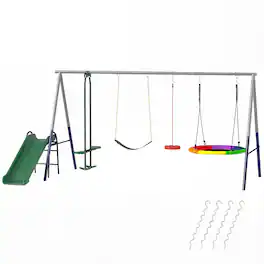 Qaba - 5-in-1 Kids Swing Set with Slide, Swings and Glider for Backyard, 770lbs Capacity, for Ages 3-8 - Mixed Color