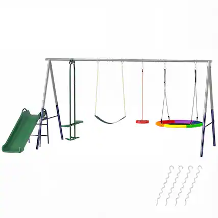 Front. Qaba - 5-in-1 Kids Swing Set with Slide, Swings and Glider for Backyard, 770lbs Capacity, for Ages 3-8 - Mixed Color.