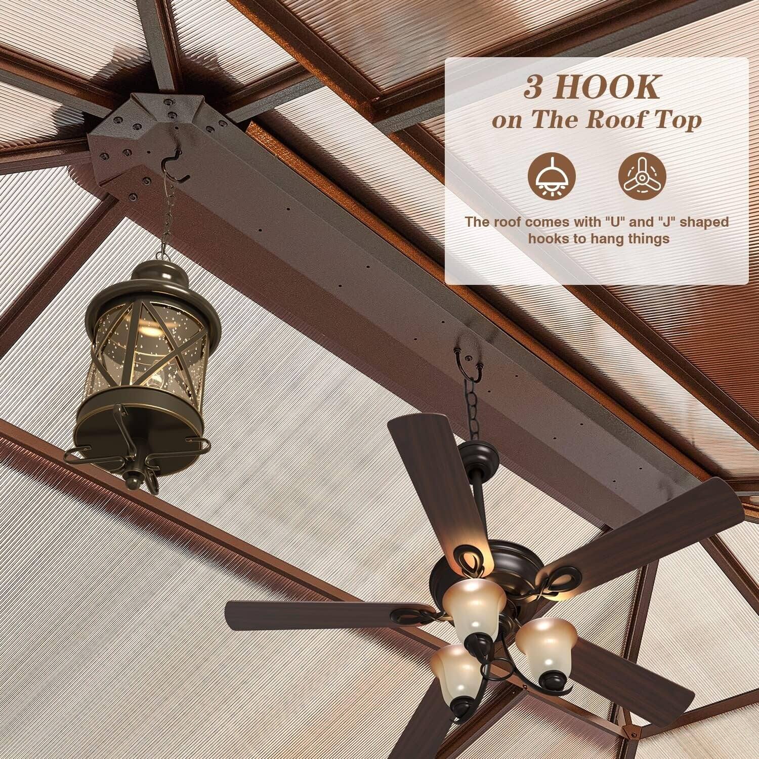 3 HOOK on The Roof Top

The roof comes with "U" and "J" shaped hooks to hang things