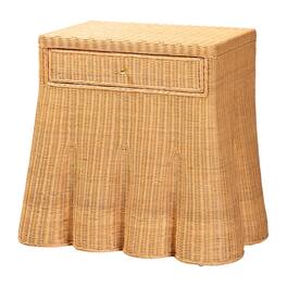 bali & pari - Chica Scalloped Natural Rattan Console Table with Drawer - Handwoven Wicker Accent Table, Rectangle - Light Honey