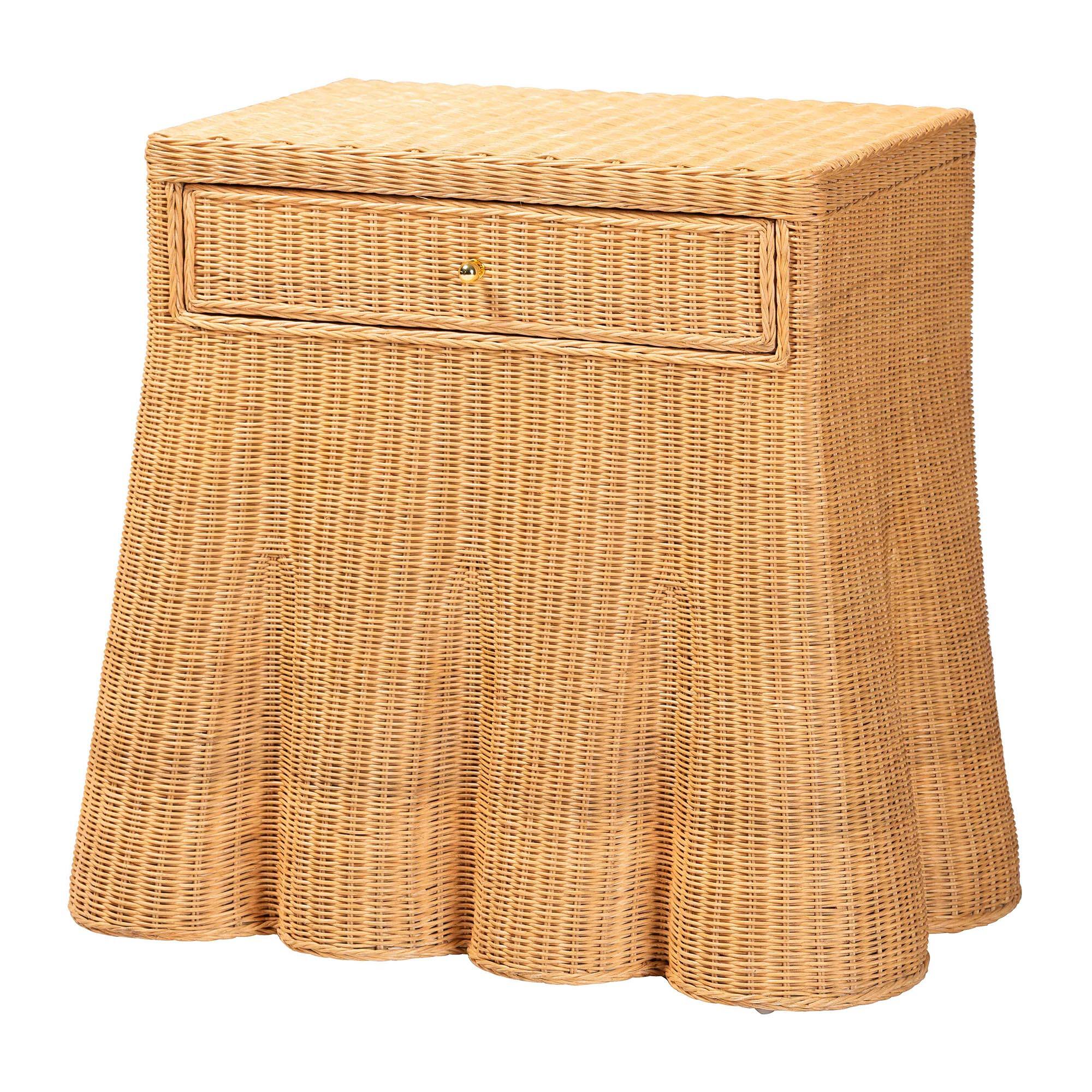 Front. bali & pari - Chica Scalloped Natural Rattan Console Table with Drawer - Handwoven Wicker Accent Table, Rectangle - Light Honey.