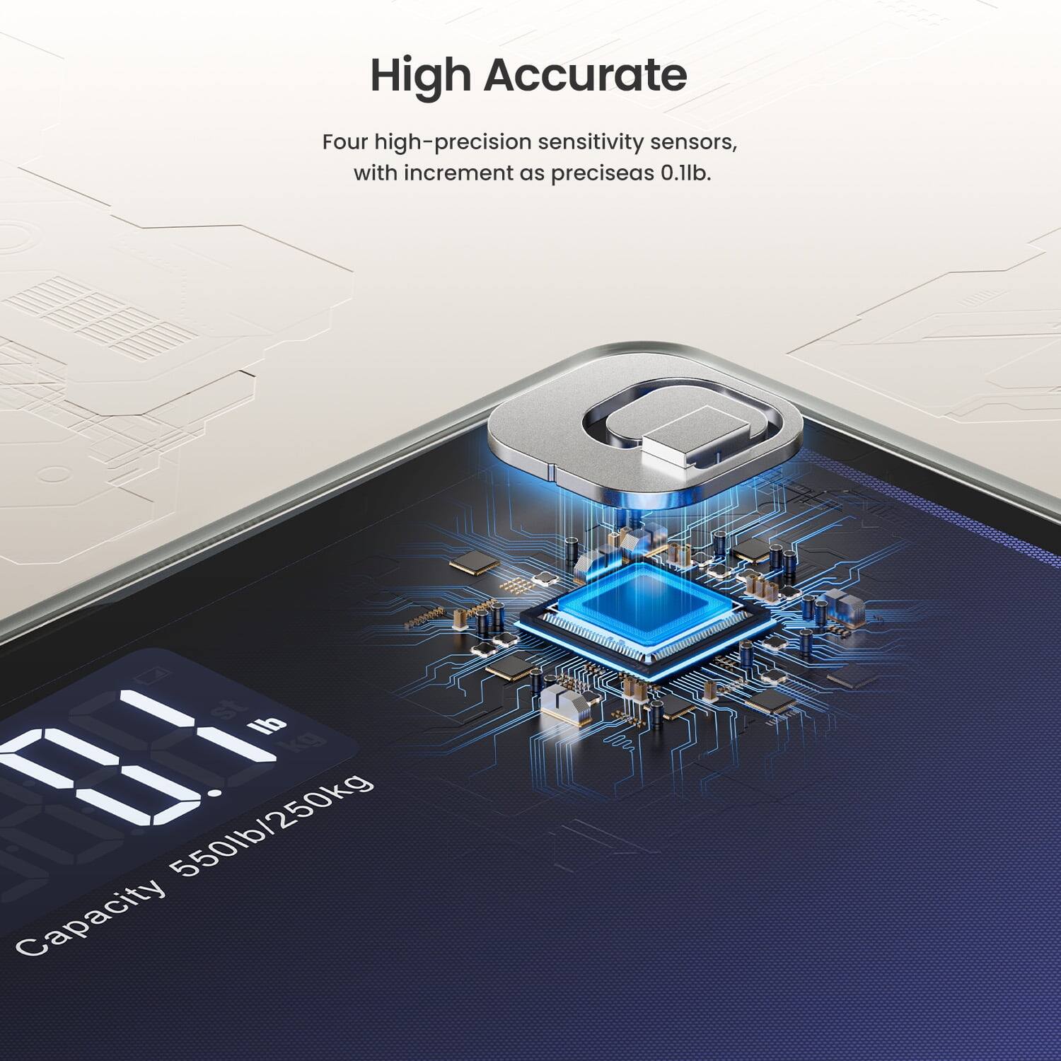 High Accurate

Four high-precision sensitivity sensors, with increment as precise as 0.1lb.

Capacity 550lb/250kg