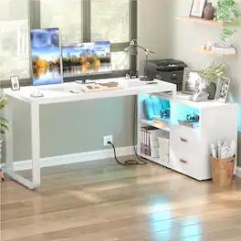 Aheaplus - Reversible L-Shaped Computer Desk with Drawers and Cabinet, Gaming Desk with Power Outlets and LED Lights - White