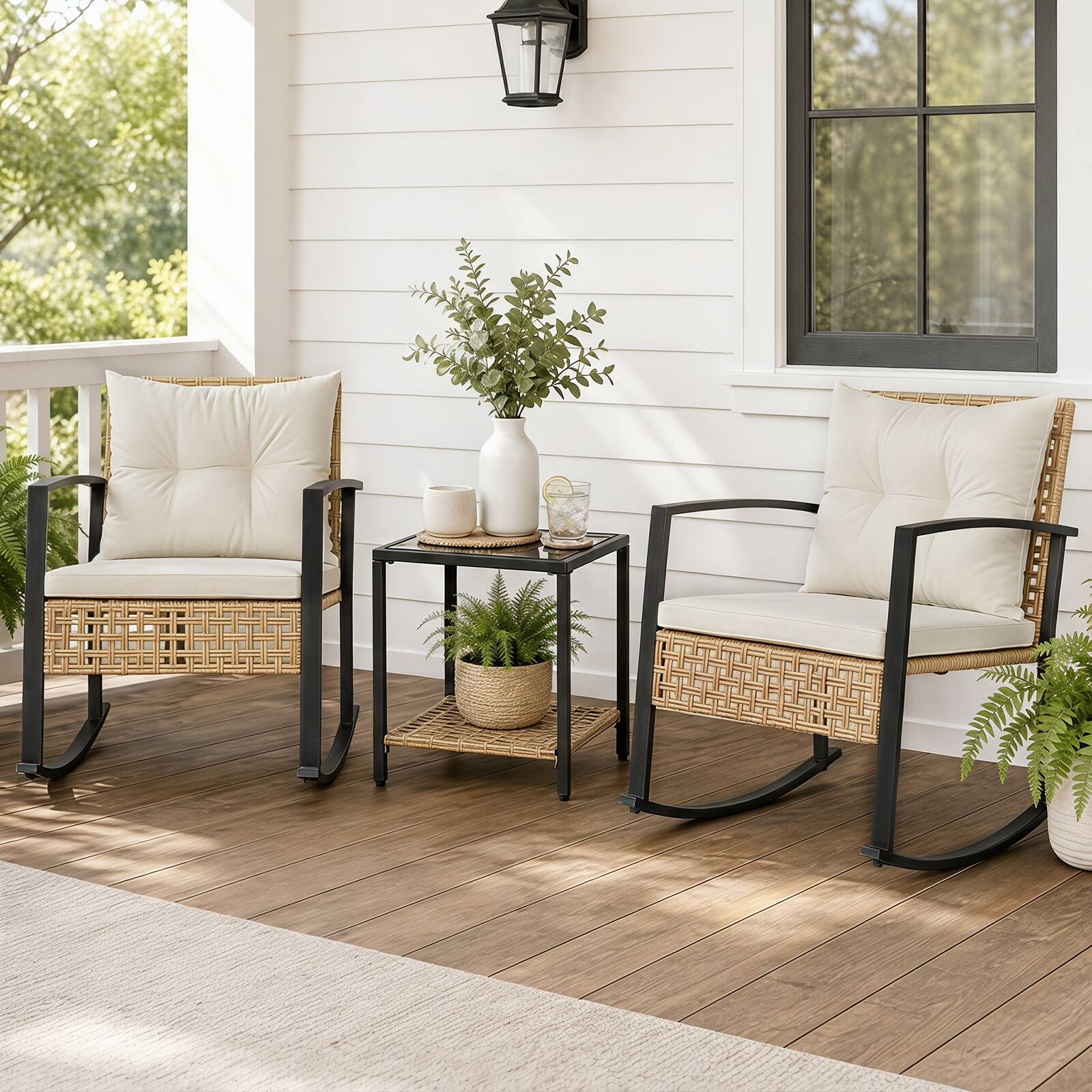 Alt View 4. Costway - Costway 3PCS Outdoor Conversation Sets Rocking Chair Set with 2 Chairs 2-Tier Glass-Top Coffee Table Cushions - White.