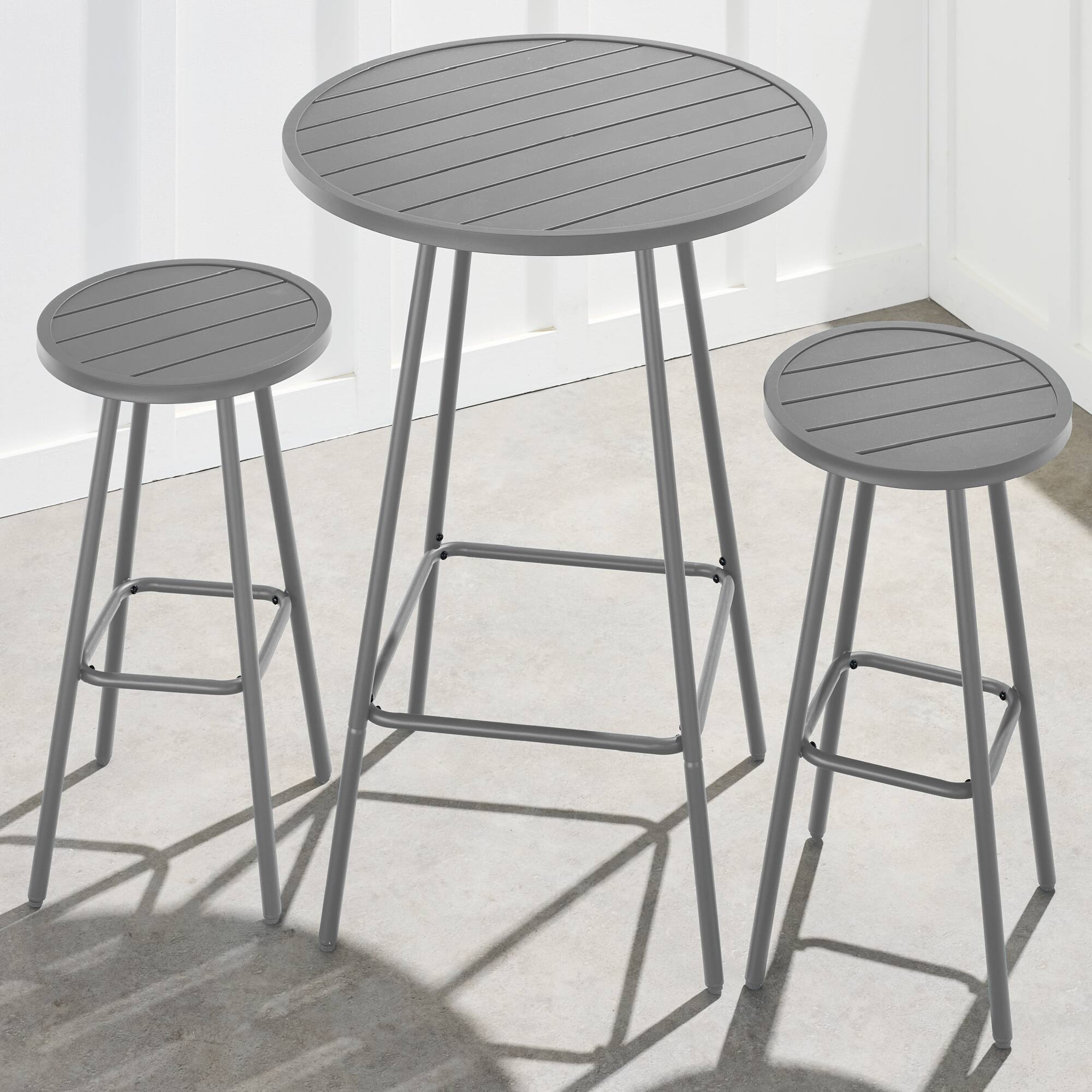 Alt View 7. Best Choice Products - Best Choice Products 3-Piece Steel Patio Bar Height Round Bistro Set w/ Backless Stools, Slatted Design - Gray - Gray.