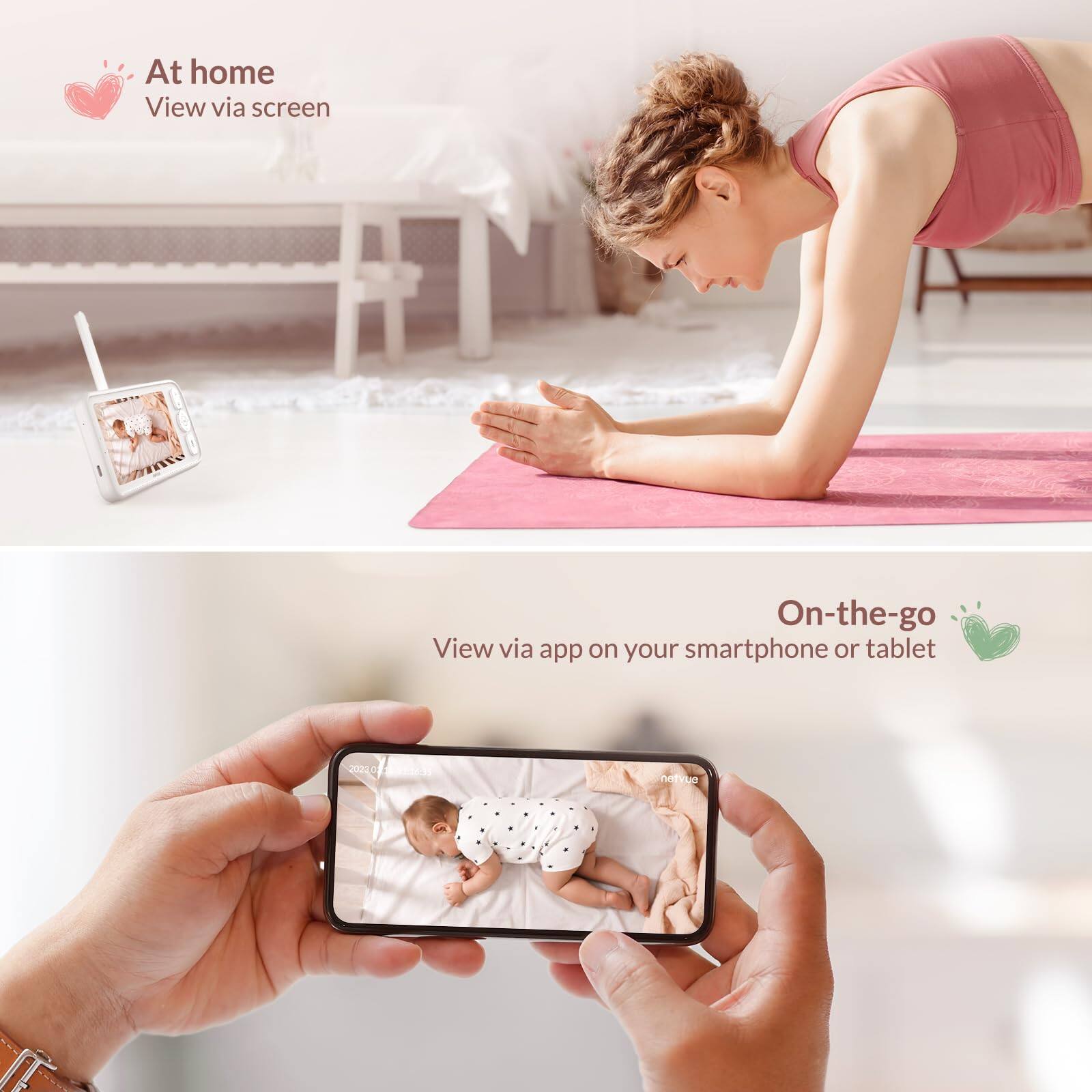 At home  
View via screen

On-the-go  
View via app on your smartphone or tablet