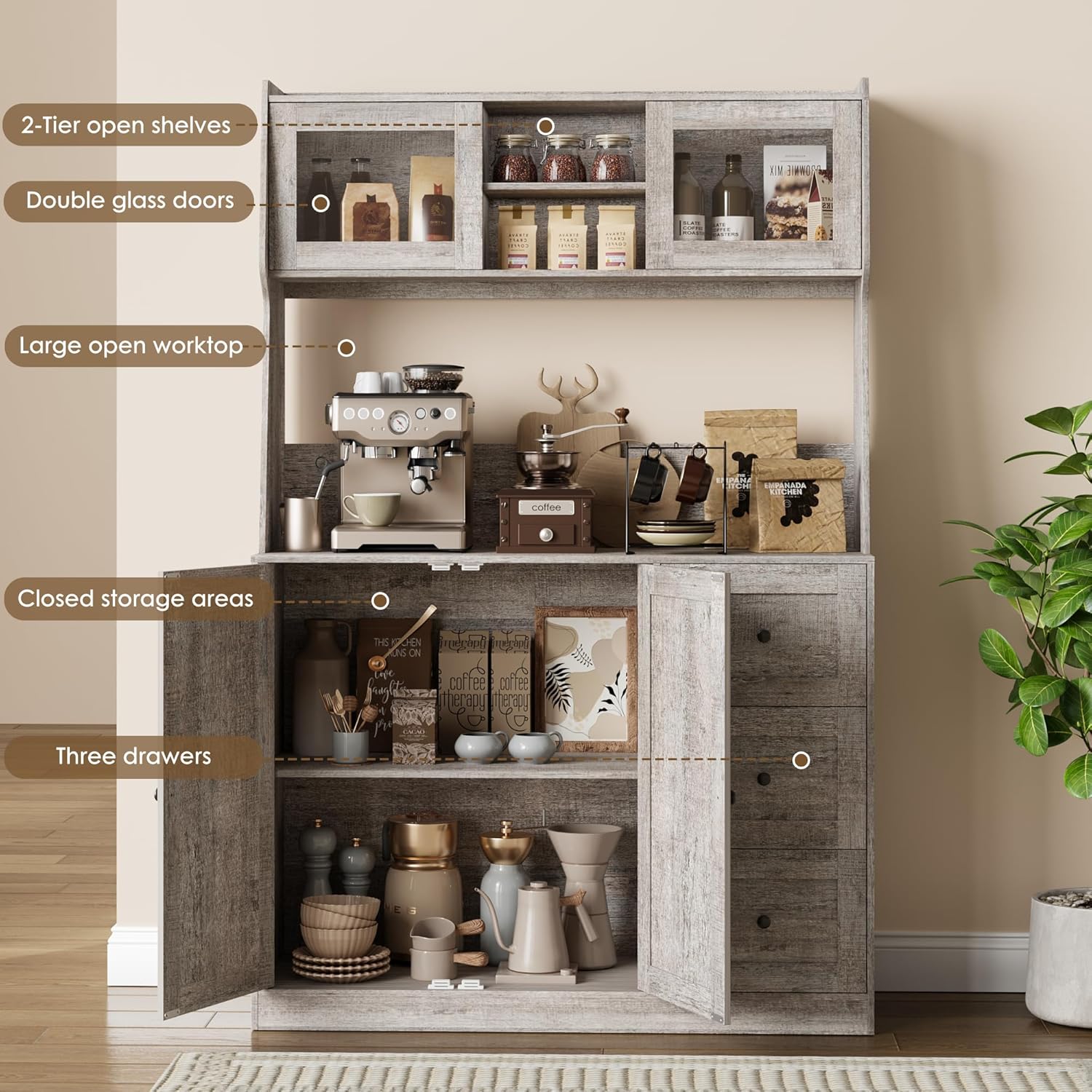 2-Tier open shelves  
Double glass doors  
Large open worktop  
Closed storage areas  
Three drawers