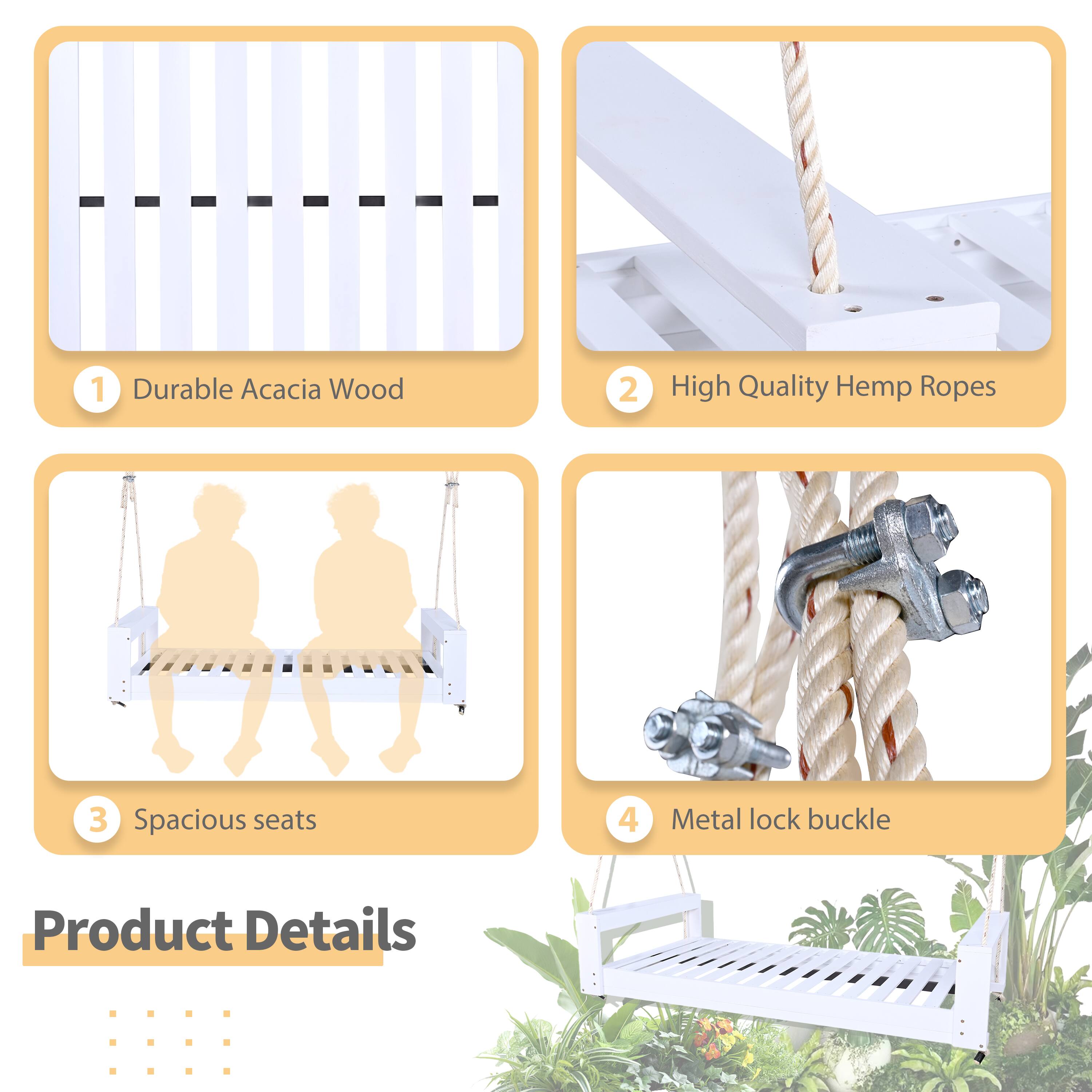 1. Durable Acacia Wood  
2. High Quality Hemp Ropes  
3. Spacious seats  
4. Metal lock buckle  

Product Details