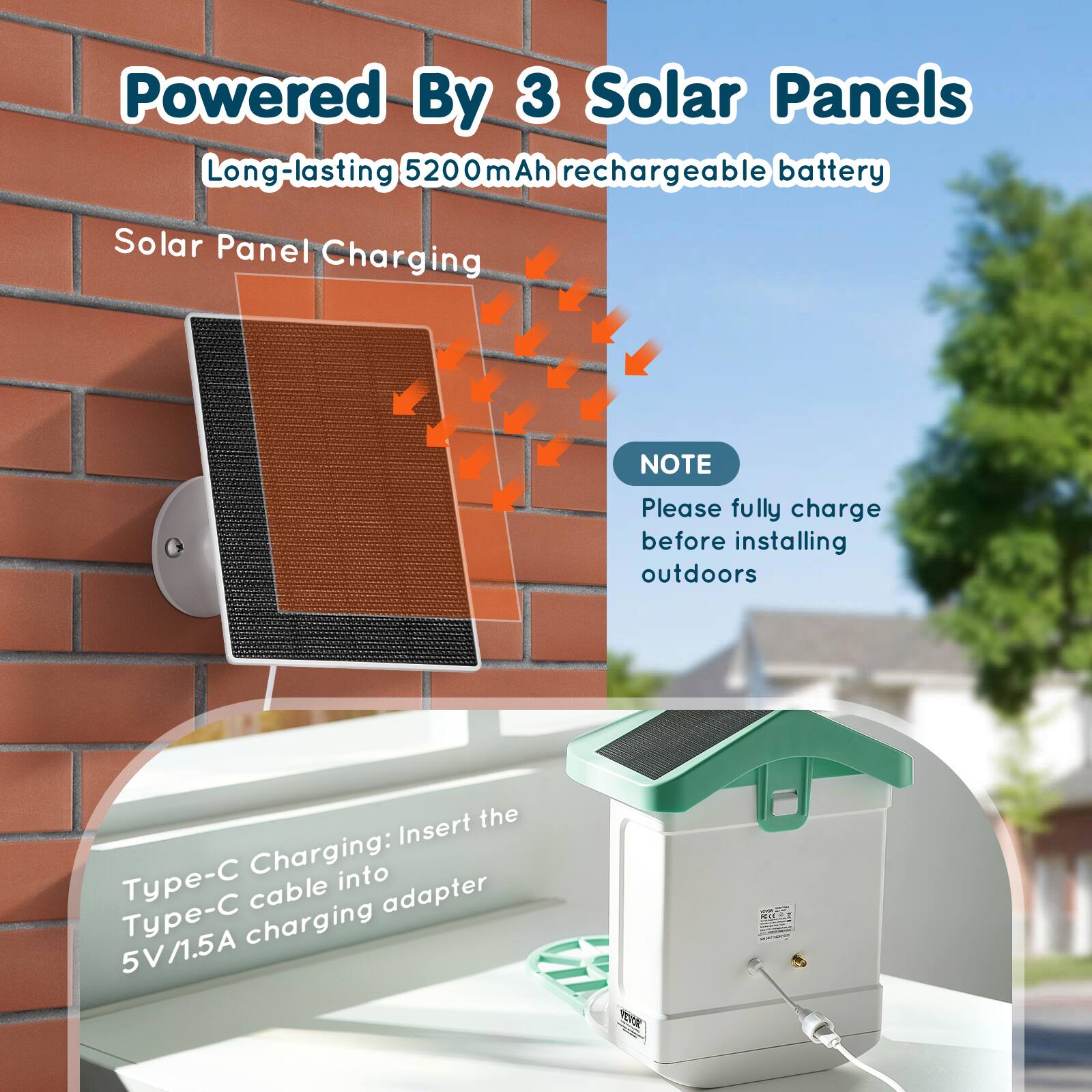 Powered By 3 Solar Panels  
Long-lasting 5200mAh rechargeable battery  

Solar Panel Charging  

NOTE  
Please fully charge before installing outdoors  

Type-C Charging: Insert the Type-C cable into 5V/1.5A charging adapter