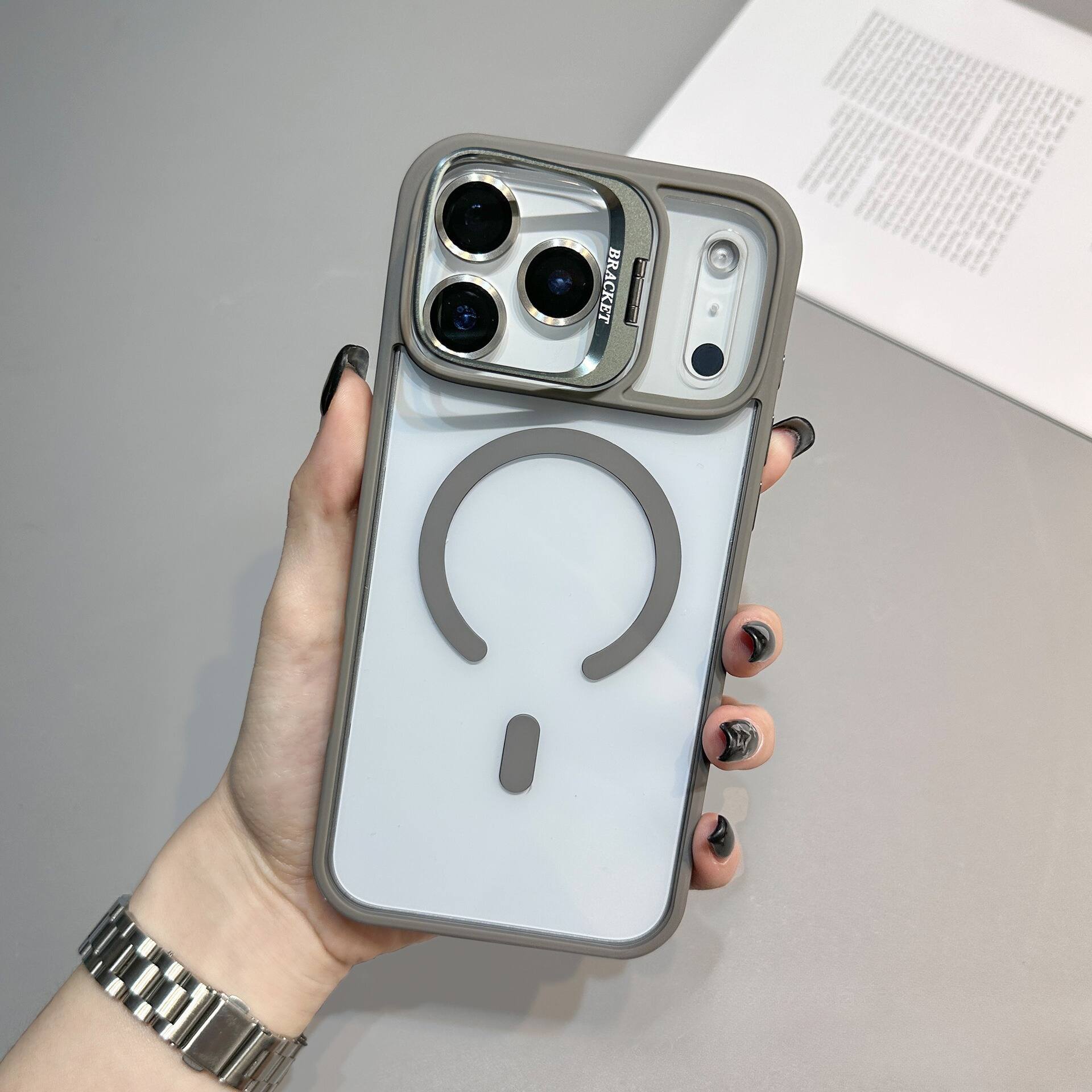 Left. Gravity Ridge - Magnetic Phone Case for iPhone 12 Pro, Compatible with MagSafe Translucent Shockproof Phone Cover - Grey.