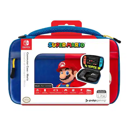 Sure, here is the corrected and grouped text from the image:
---
**Nintendo Switch**
**Super Mario**
**Commuter Case - Mario**
**Sacoche Commuter de Case transport Mario**
**HOLDS / PEUT CONTENIR**
- Nintendo Switch
- 2 Joy-Con
- 1 Nintendo Switch Lite
- 1 Nintendo Switch Dock
- 1 Nintendo Switch Game Case
- 1 Nintendo Switch Game Case (Nintendo Switch Lite)
**Also Works With**
- Nintendo Switch Lite
**pdpgaming**
---
This text is organized to reflect the product details and compatibility as shown on the packaging.