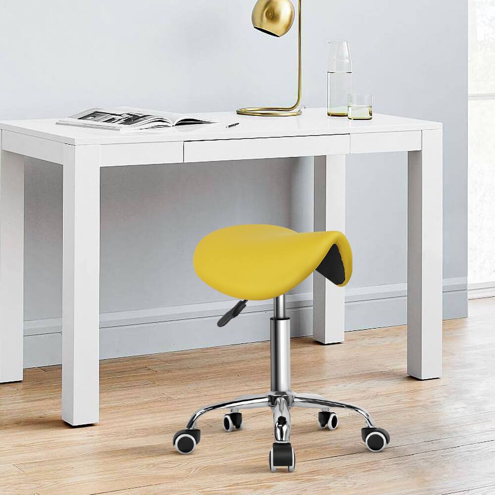 Alt View 1. KKTONER - KKTONER Rolling Saddle Stool PU Leather Swivel Adjustable Rolling Stool with Wheels Salon Chair Yellow - Yellow.