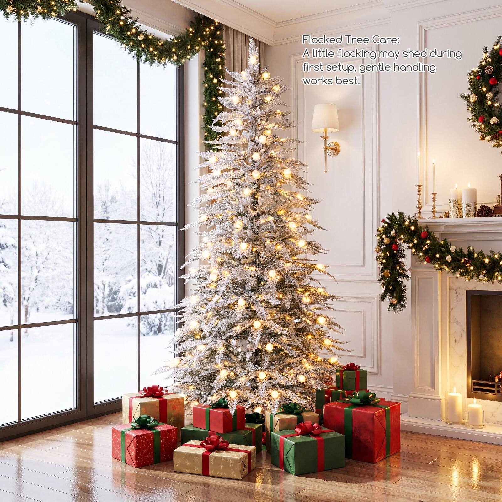 Flocked Tree Care: A little flocking may shed during first setup, gentle handling works best!