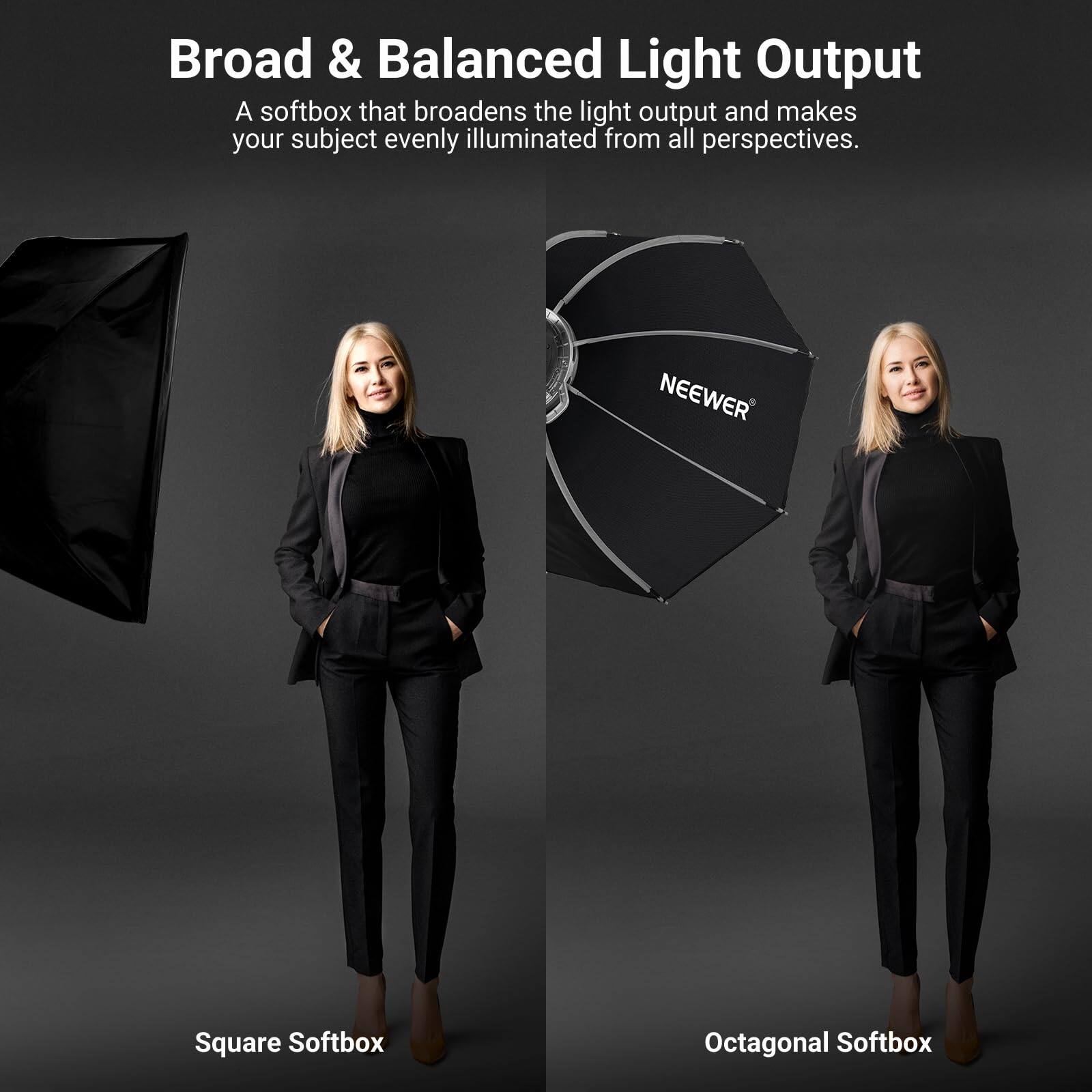 Broad & Balanced Light Output  
A softbox that broadens the light output and makes your subject evenly illuminated from all perspectives.  

NEEWER Square Softbox  
Octagonal Softbox