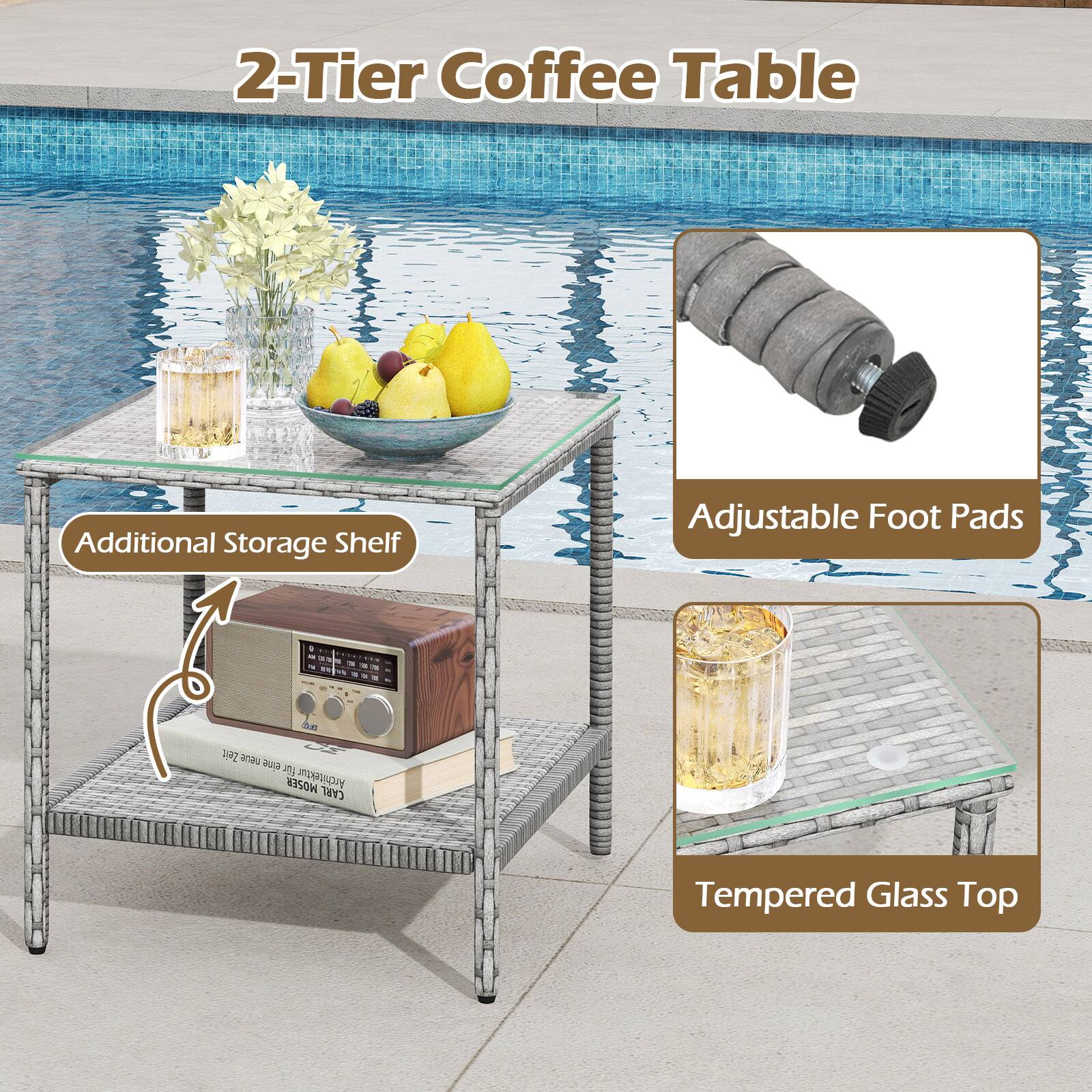2-Tier Coffee Table

Additional Storage Shelf

Adjustable Foot Pads

Tempered Glass Top
