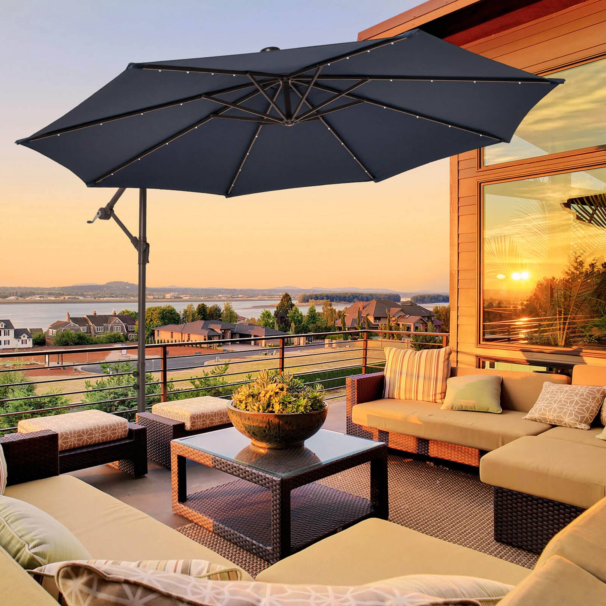 Alt View 1. Costway - Patio 10FT Hanging Offset Umbrella 32 LED Lights Sand Bag Outdoor Cross Base - Navy.