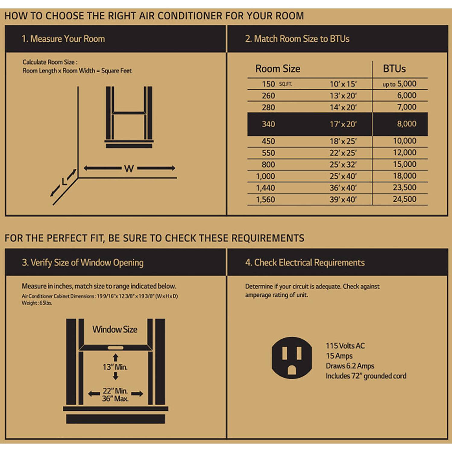 **HOW TO CHOOSE THE RIGHT AIR CONDITIONER FOR YOUR ROOM**

1. **Measure Your Room**
   - Calculate Room Size: Room Length x Room Width = Square Feet

2. **Match Room Size to BTUs**
   - Room Size | BTUs
   - 150 SQ.FT | up to 5,000
   - 260 | 6,000
   - 280 | 7,000
   - 340 | 8,000
   - 450 | 10,000
   - 550 | 12,000
   - 800 | 15,000
   - 1,000 | 18,000
   - 1,440 | 23,500
   - 1,560 | 24,500

3. **Verify Size of Window Opening**
   - Measure in inches, match size to range indicated below.
   - Air Conditioner Cabinet Dimensions: 19 9/16" x 12 3