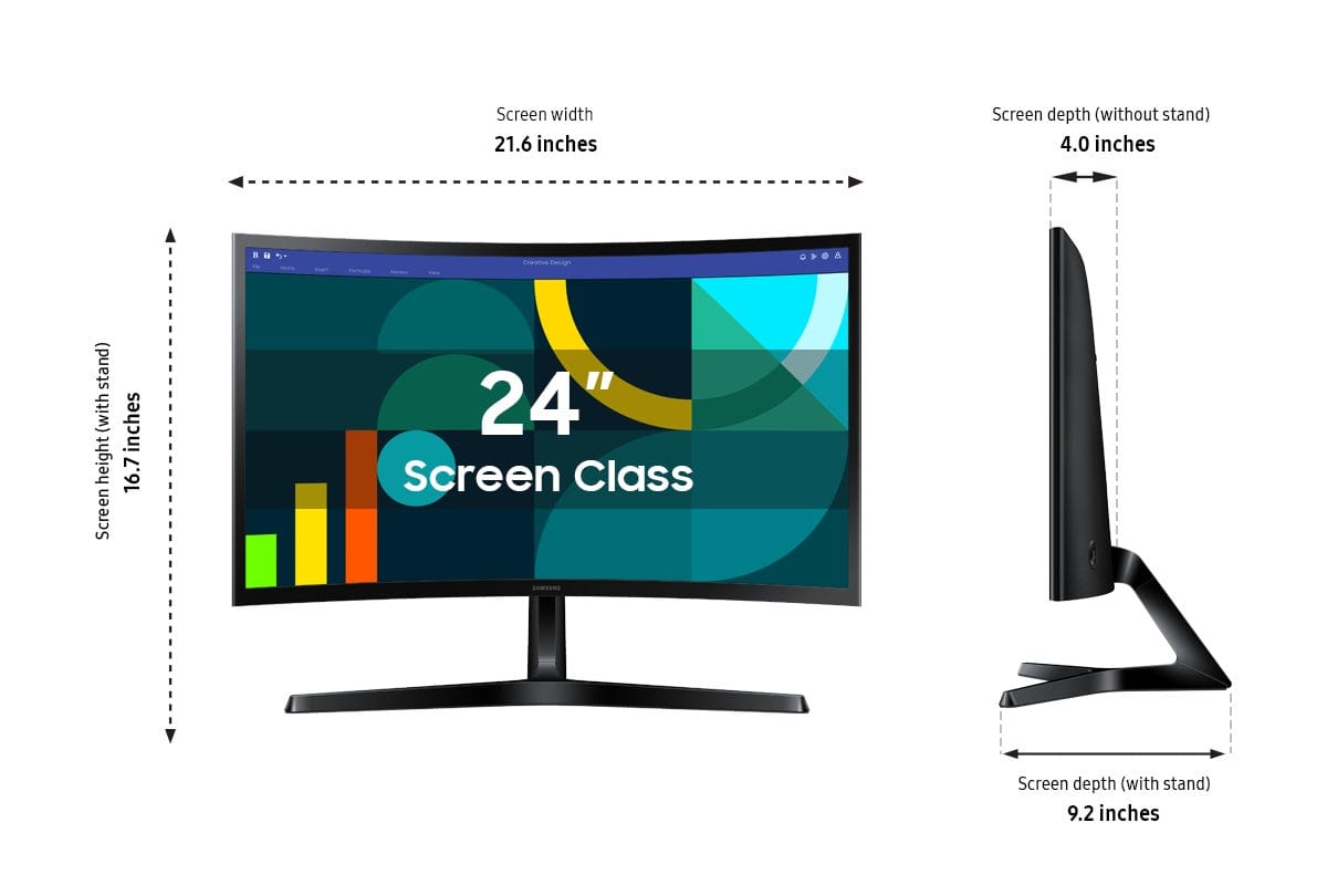 Screen width 24 inches Screen depth (without stand) 4.0 inches Screen depth (with stand) 9.2 inches Screen height 16.7 inches