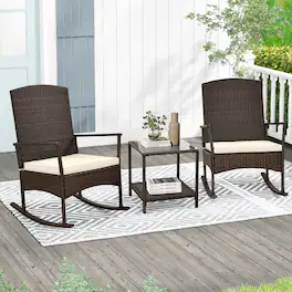 Gymax - 3 Pieces Rocking Wicker Bistro Set Outdoor Front Porch Rocker Chairs Conversation Set White - White, Mix Brown