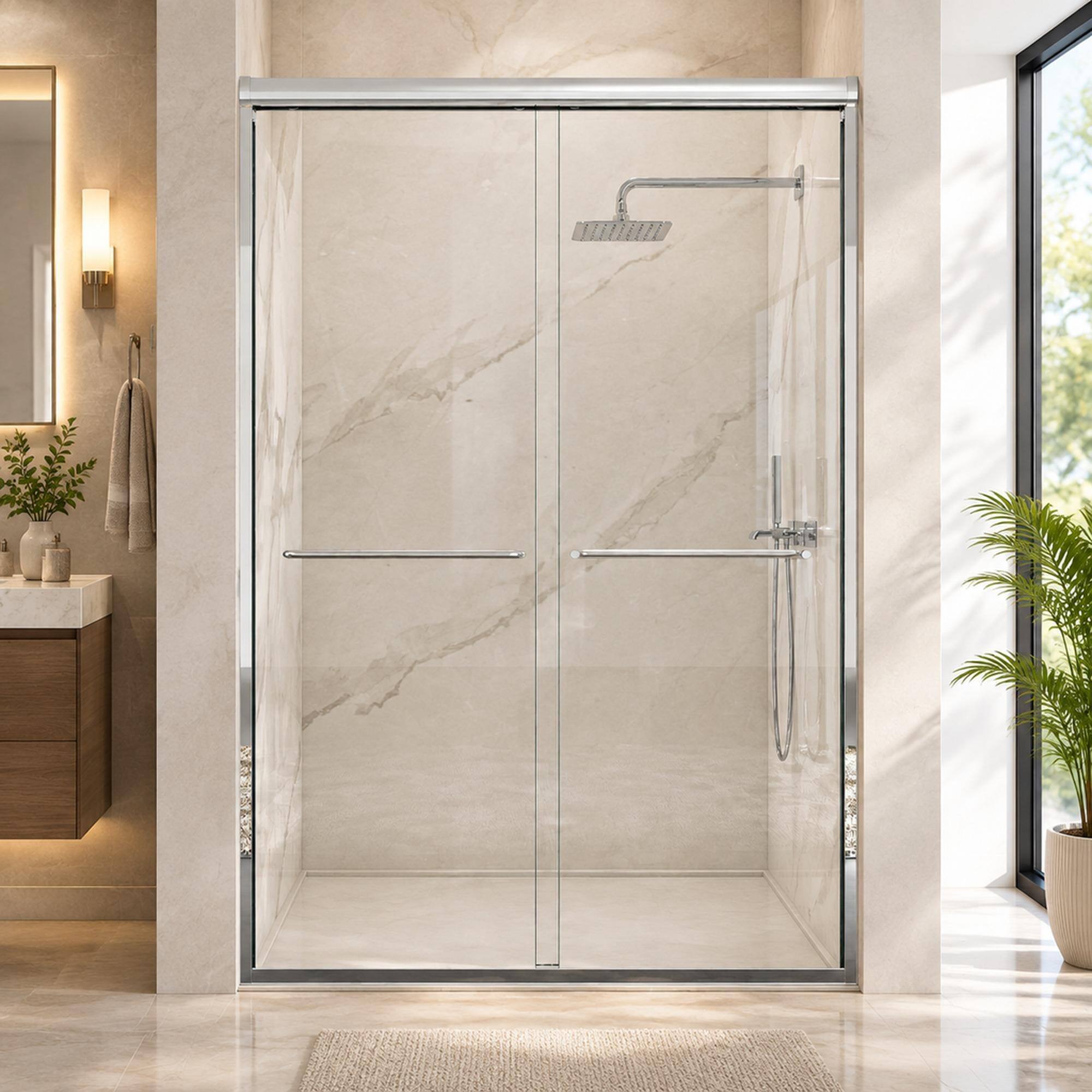 Front. RYHNUYNE - 44-48" W X 72" H Semi-Frameless Double Sliding Shower Door With 1/4" Tempered Glass, Chrome Finish - Chrome.