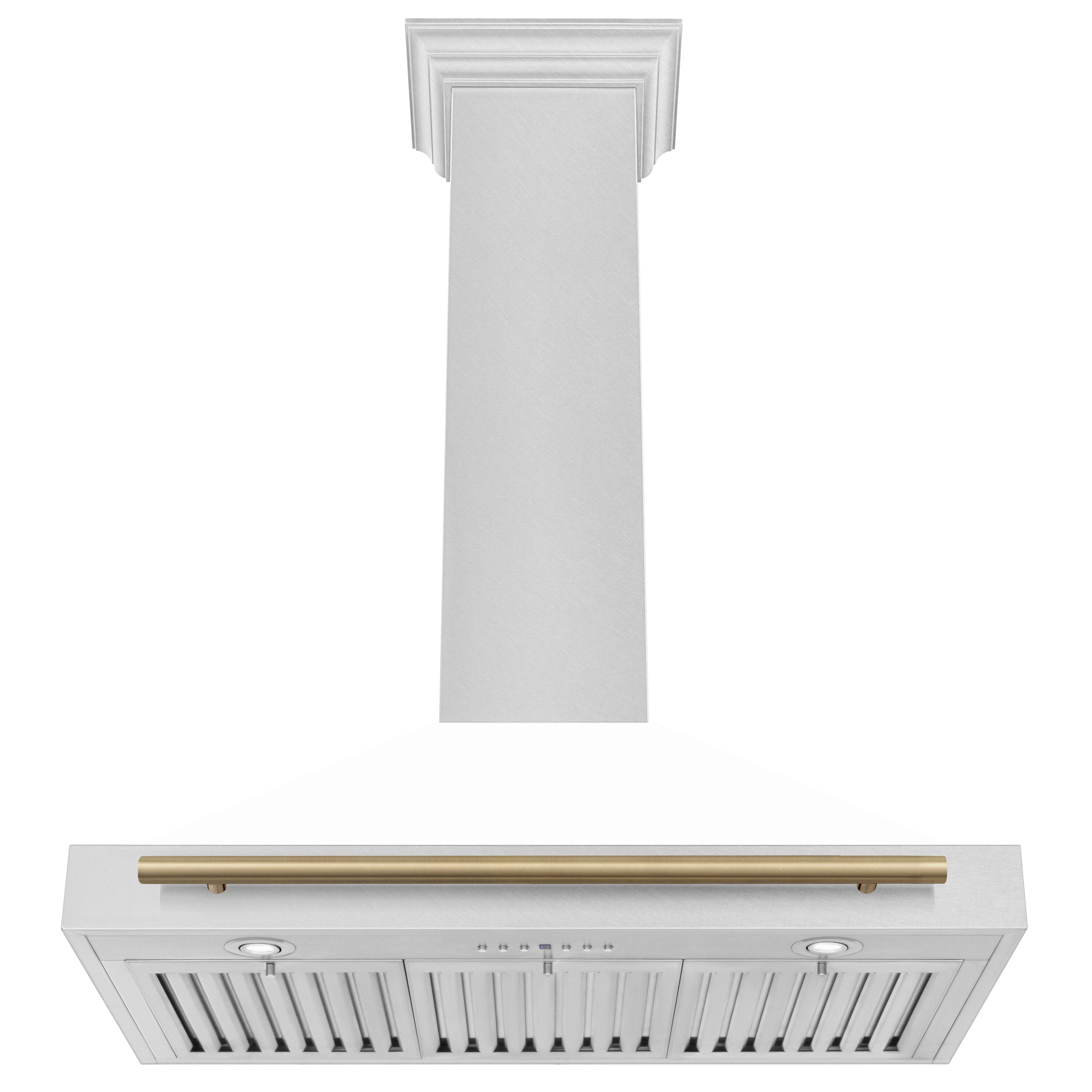 Angle. ZLINE - Autograph 36 in. Convertible Satin Stainless Steel Wall Mount Range Hood with White Matte Shell and Champagne Handle - Stainless steel.
