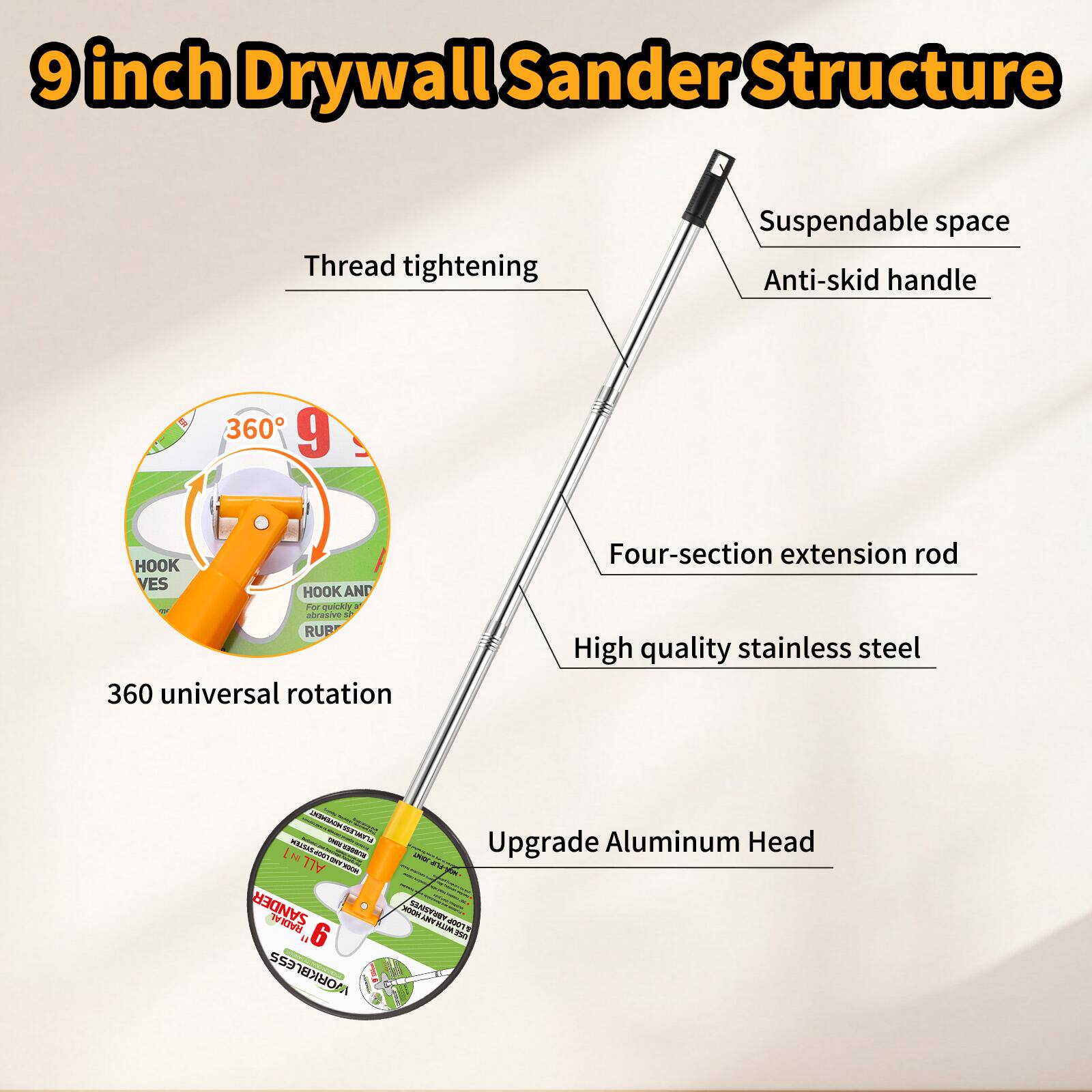 9 inch Drywall Sander Structure

- Thread tightening
- Suspendable space
- Anti-skid handle
- 360 universal rotation
- Four-section extension rod
- High quality stainless steel
- Upgrade Aluminum Head

HOOK VES
HOOK AND RUBBER
For quickly abrasive
6.555 WORKBLES