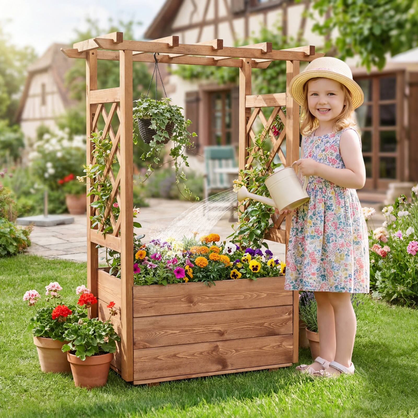 Alt View 4. Gymax - Gymax Wooden Raised Garden Bed/ Lattice Trellises Hanging Roof Drainage Indoor Outdoor - Orange.