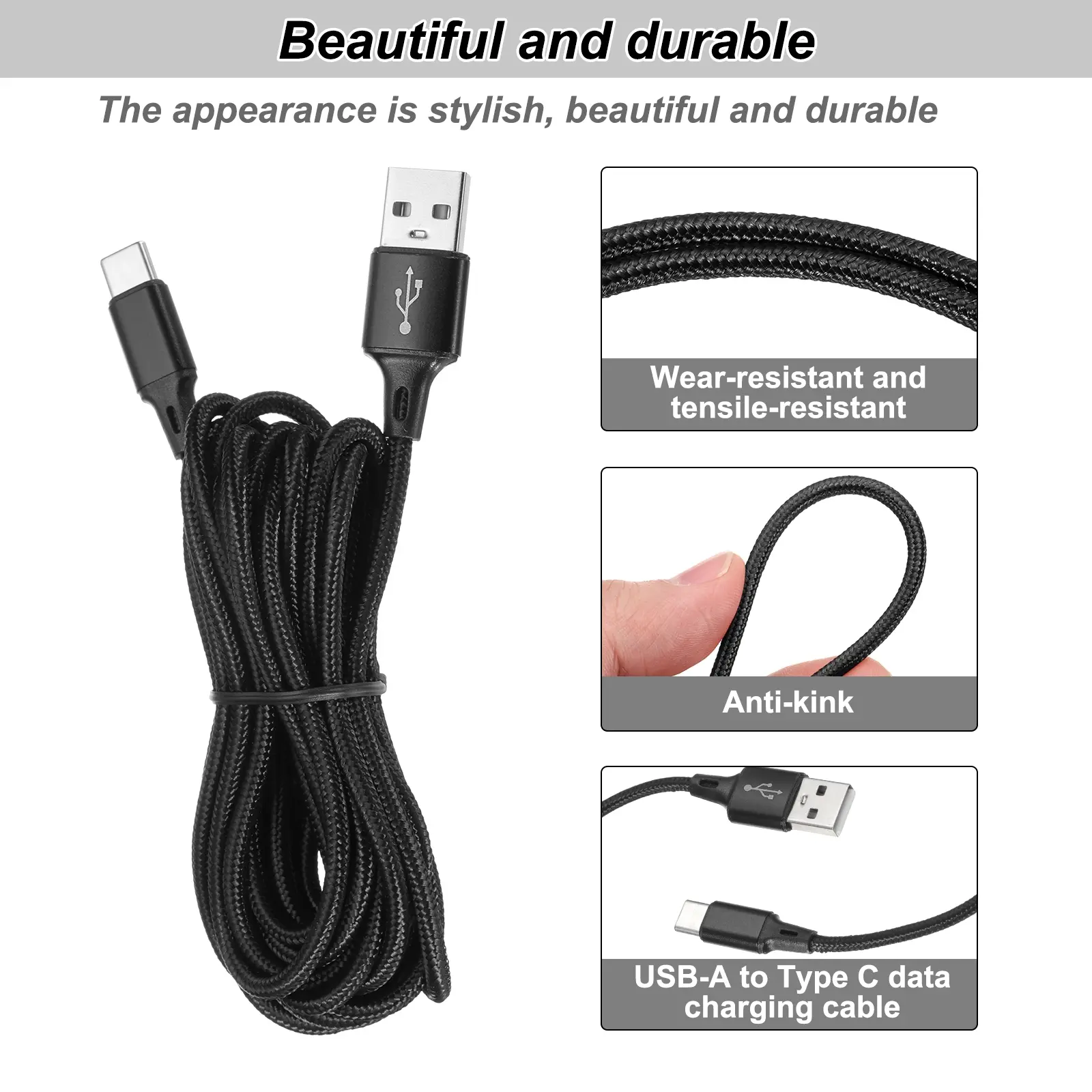 Beautiful and durable

The appearance is stylish, beautiful and durable

Wear-resistant and tensile-resistant

Anti-kink

USB-A to Type C data charging cable