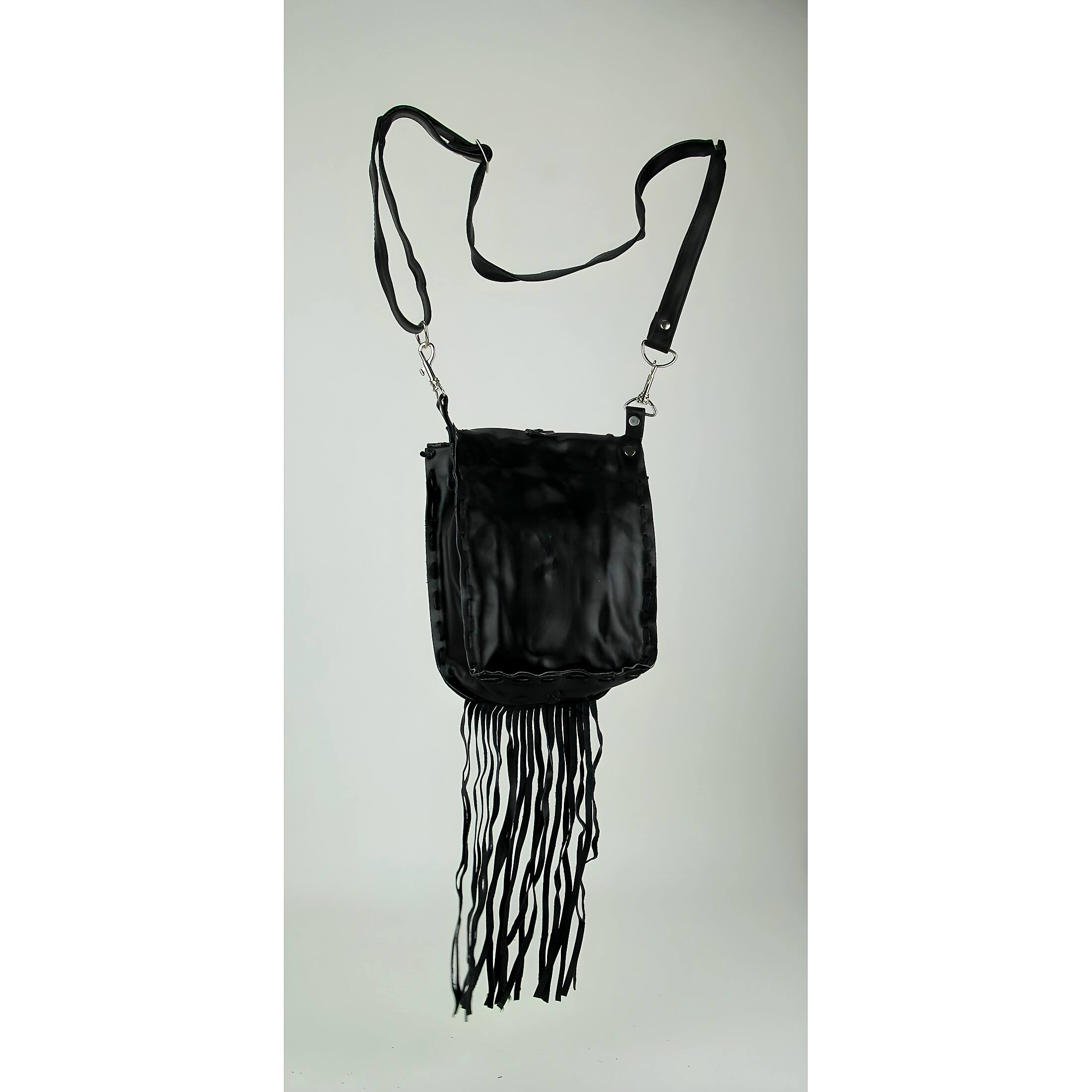 Alt View 1. Things2Die4 - Genuine Leather Hair-On Hide Trim Fringed Crossbody Bag Small - Black.