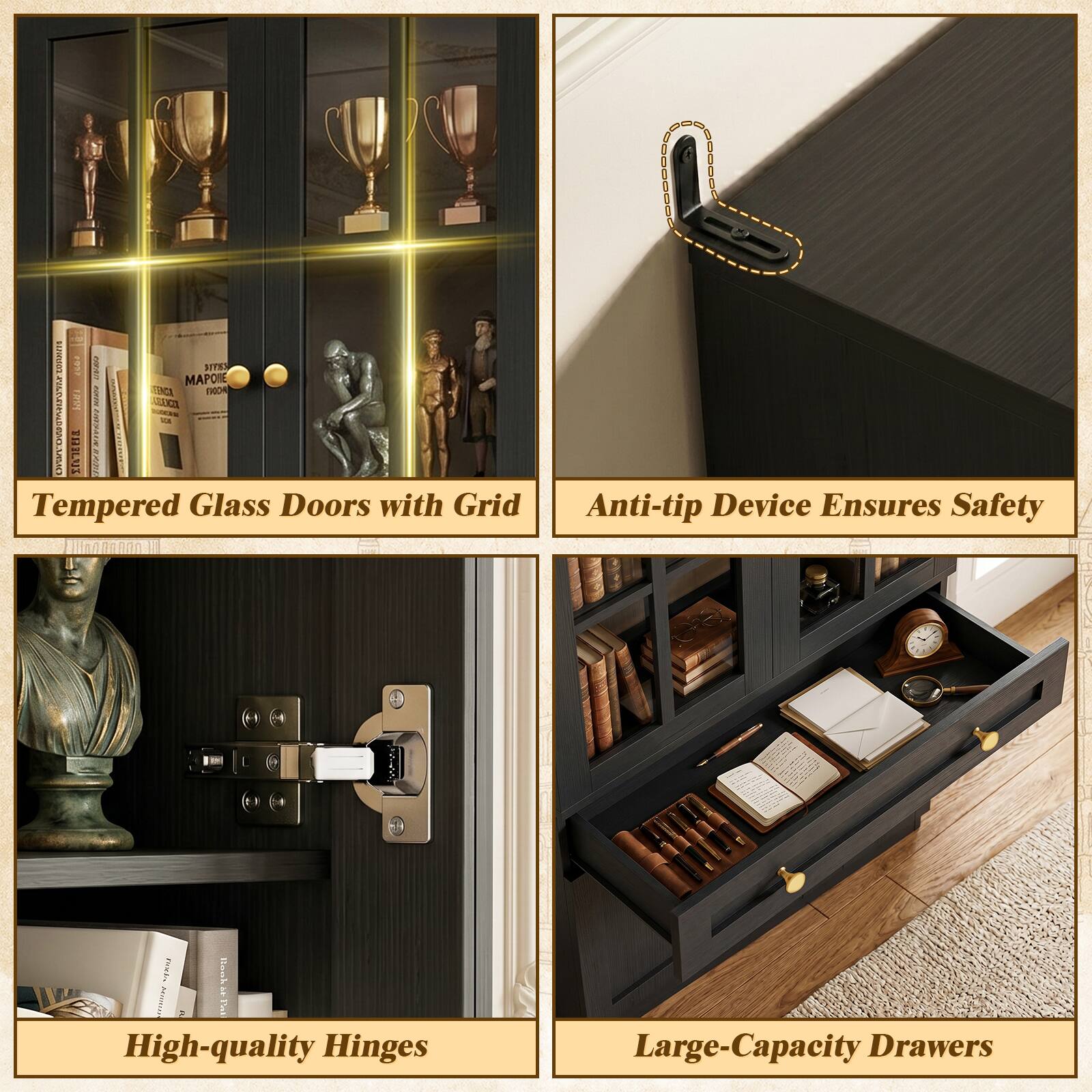 20512 counts SPESS ENCA www.alavrdlwo.com CPIJA NAKING CELENCIA & XTATE REIN

Tempered Glass Doors with Grid
Anti-tip Device Ensures Safety
High-quality Hinges
Large-Capacity Drawers
