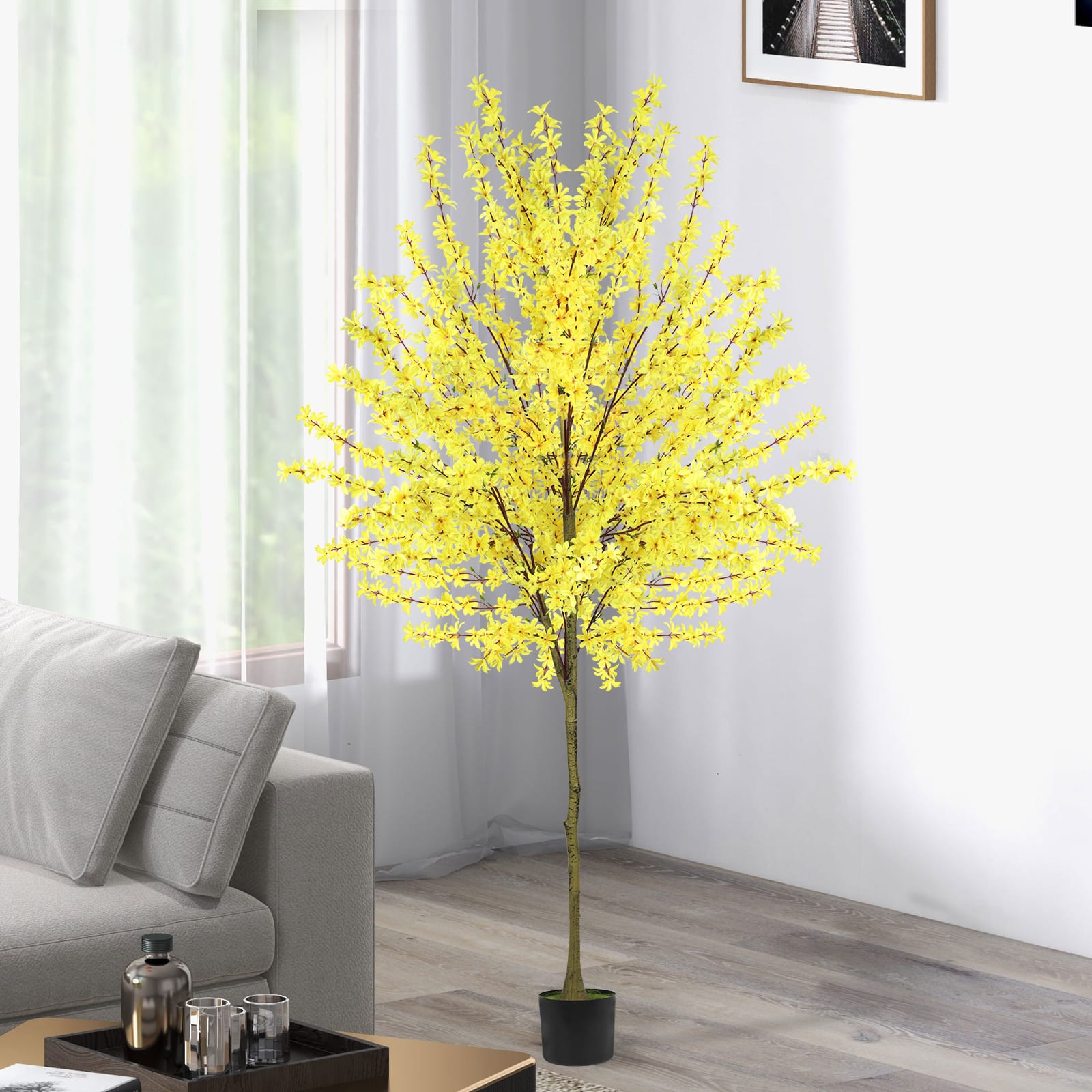 Oumilen - 6ft Artificial Forsythia Tree in Black Pot - Yellow