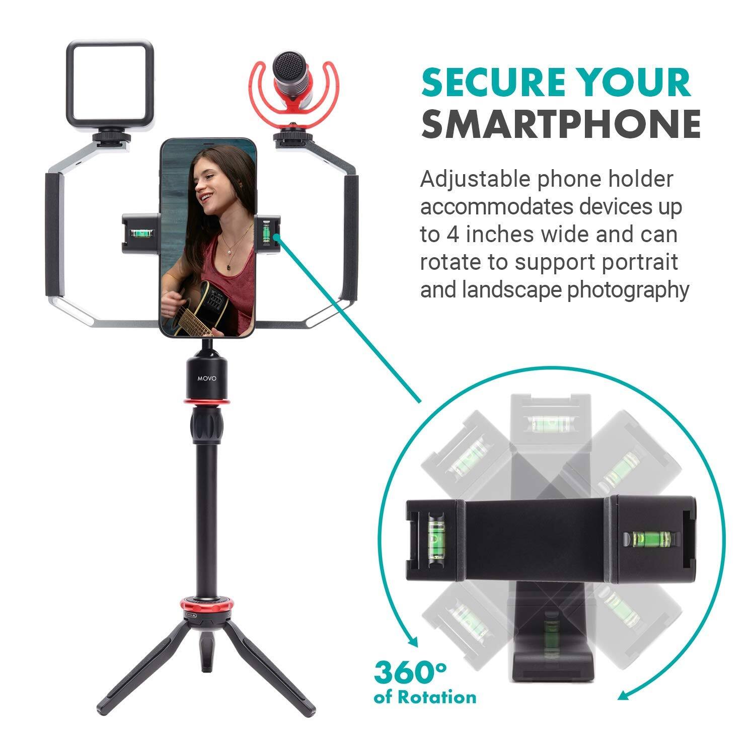 SECURE YOUR SMARTPHONE

Adjustable phone holder accommodates devices up to 4 inches wide and can rotate to support portrait and landscape photography

360° of Rotation