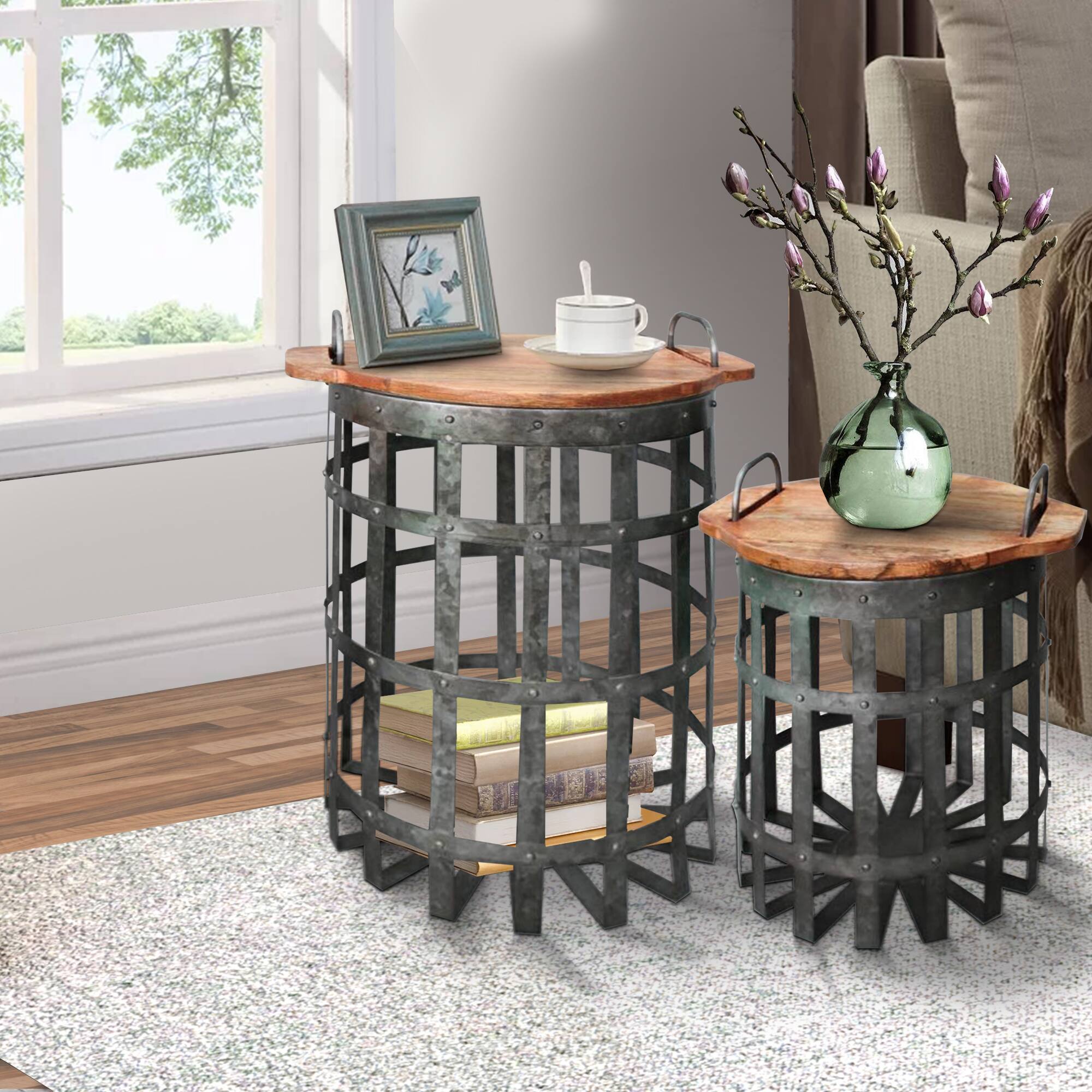 Alt View 5. Manhattan Lane - Industrial Grid Galvanized Accent End Table with Round Lid and Handles, Set of 2 - Gray and Brown.