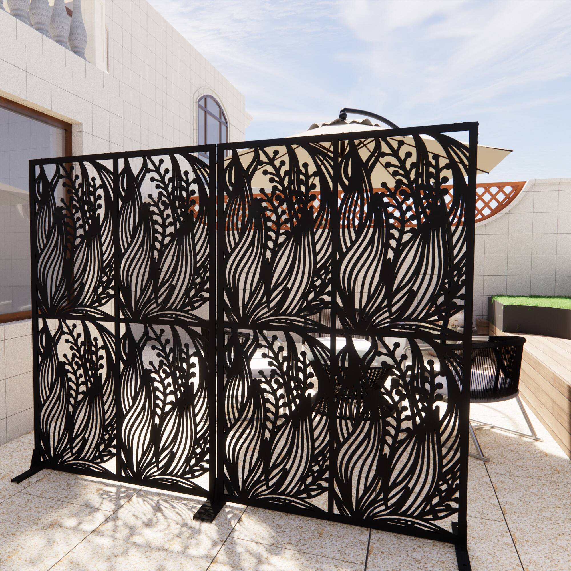 Angle. Loheer - Decorative Metal Privacy Screen 3.8 ft x 6 ft Freestanding Room Divider for Patio Balcony Garden - Black.