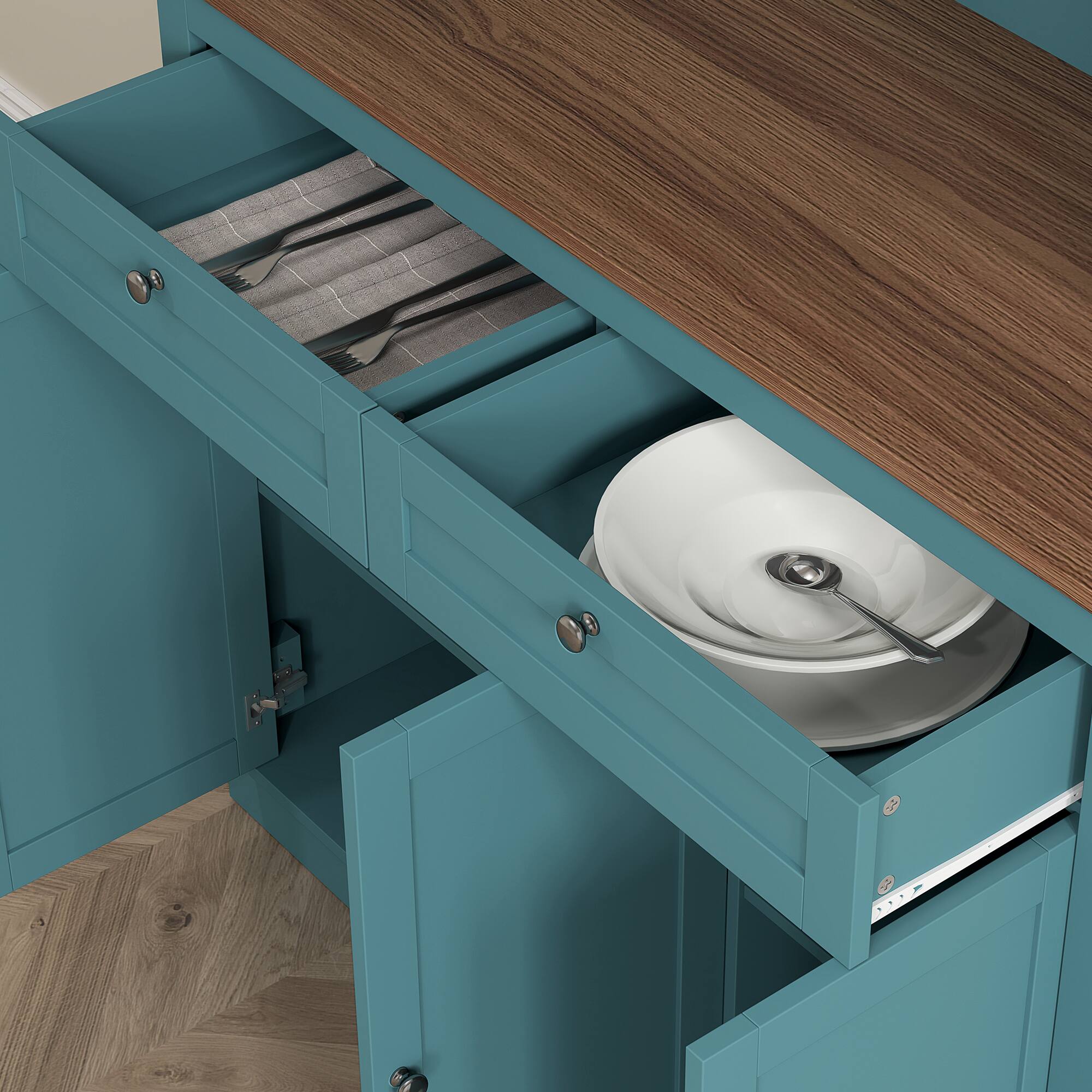 Alt View 8. Homcom - 71" Kitchen Pantry Cabinet, Freestanding Kitchen Hutch with Microwave Stand, 2 Drawers and Adjustable Shelves - Green.