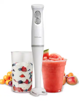 Front. Betty Crocker - 2-Speed Immersion Hand Blender with 20oz Mixing Beaker, 300W Motor 450W Peak, Steel Blade, Soft-Touch Control, BC-4307W - White.
