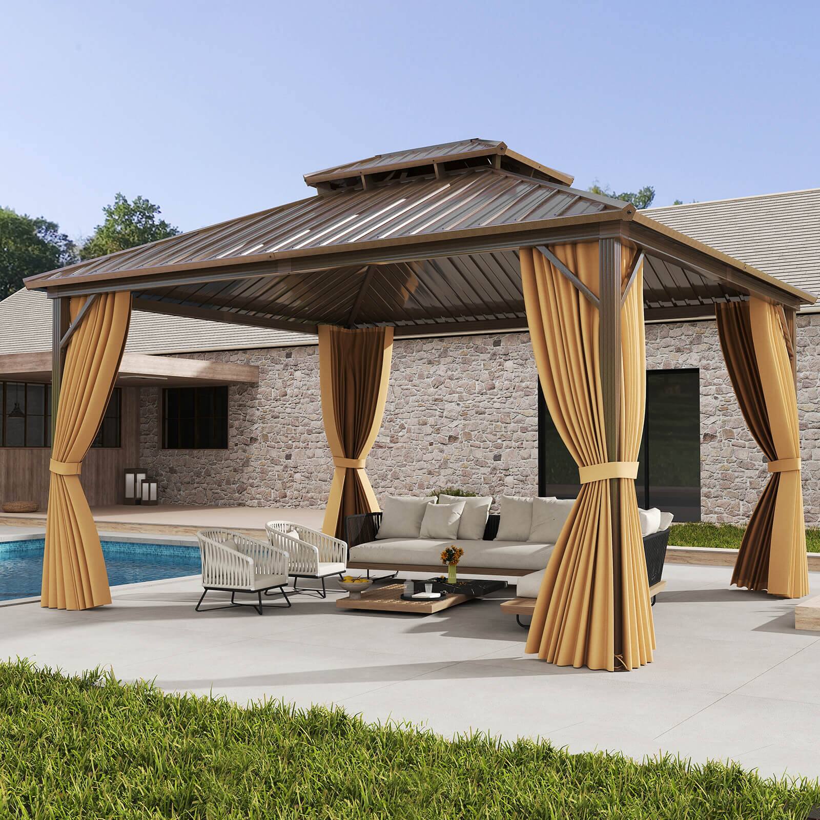 Alt View 3. Costway - Costway 14 x 12 FT Hardtop Gazebo Aluminum Frame Permanent Pavilion with Curtains & Netting - Brown.
