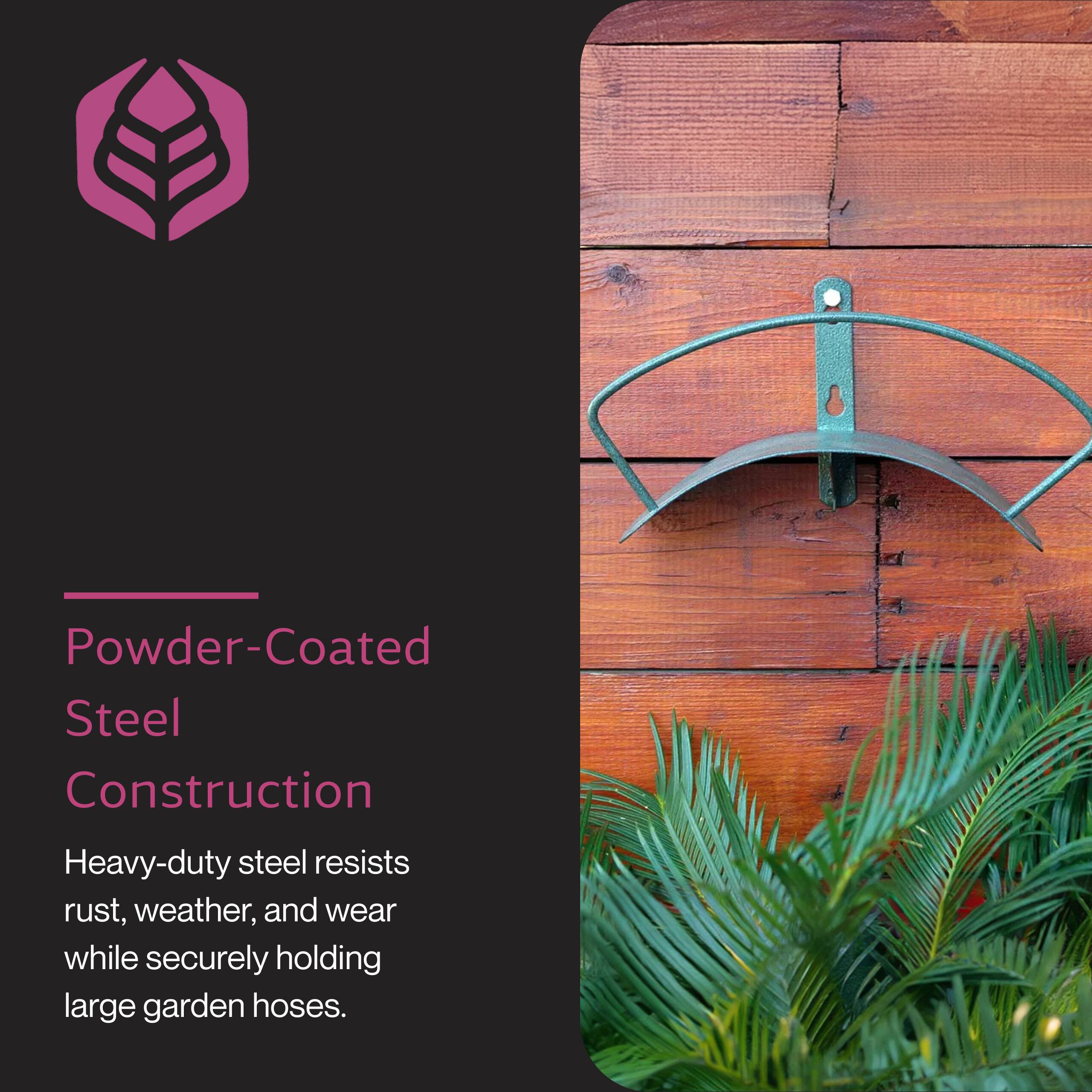 Powder-Coated Steel Construction

Heavy-duty steel resists rust, weather, and wear while securely holding large garden hoses.