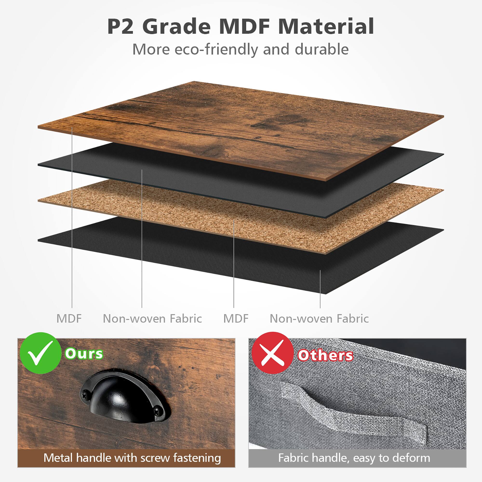 P2 Grade MDF Material  
More eco-friendly and durable  

MDF  
Non-woven Fabric  
MDF  
Non-woven Fabric  

Ours  
Metal handle with screw fastening  

Others  
Fabric handle, easy to deform
