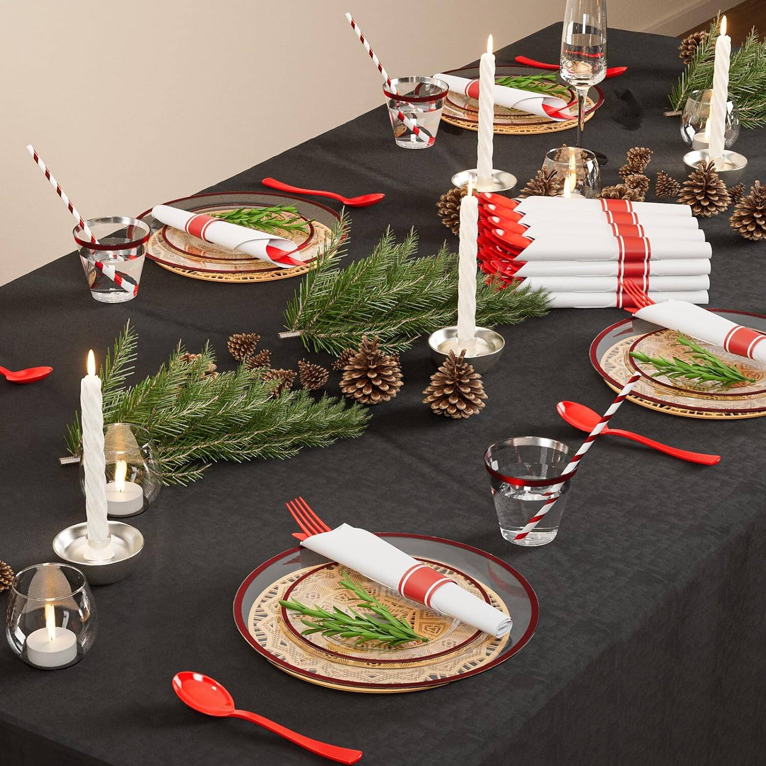 Alt View 4. Winado - 400 Piece Disposable Dinnerware Set with Plates, Cups, Napkins & Cutlery for 50 Guests, Clear Plastic Plates for Party - Red.