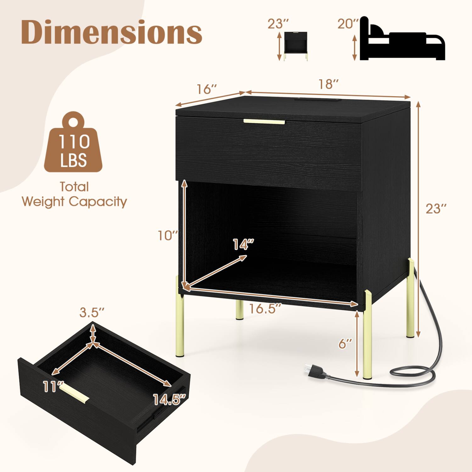 Dimensions
23"
20"
16"
18"
110 LBS
Total Weight Capacity
23"
10"
14"
3.5"
16.5"
6"
11"
14.5"