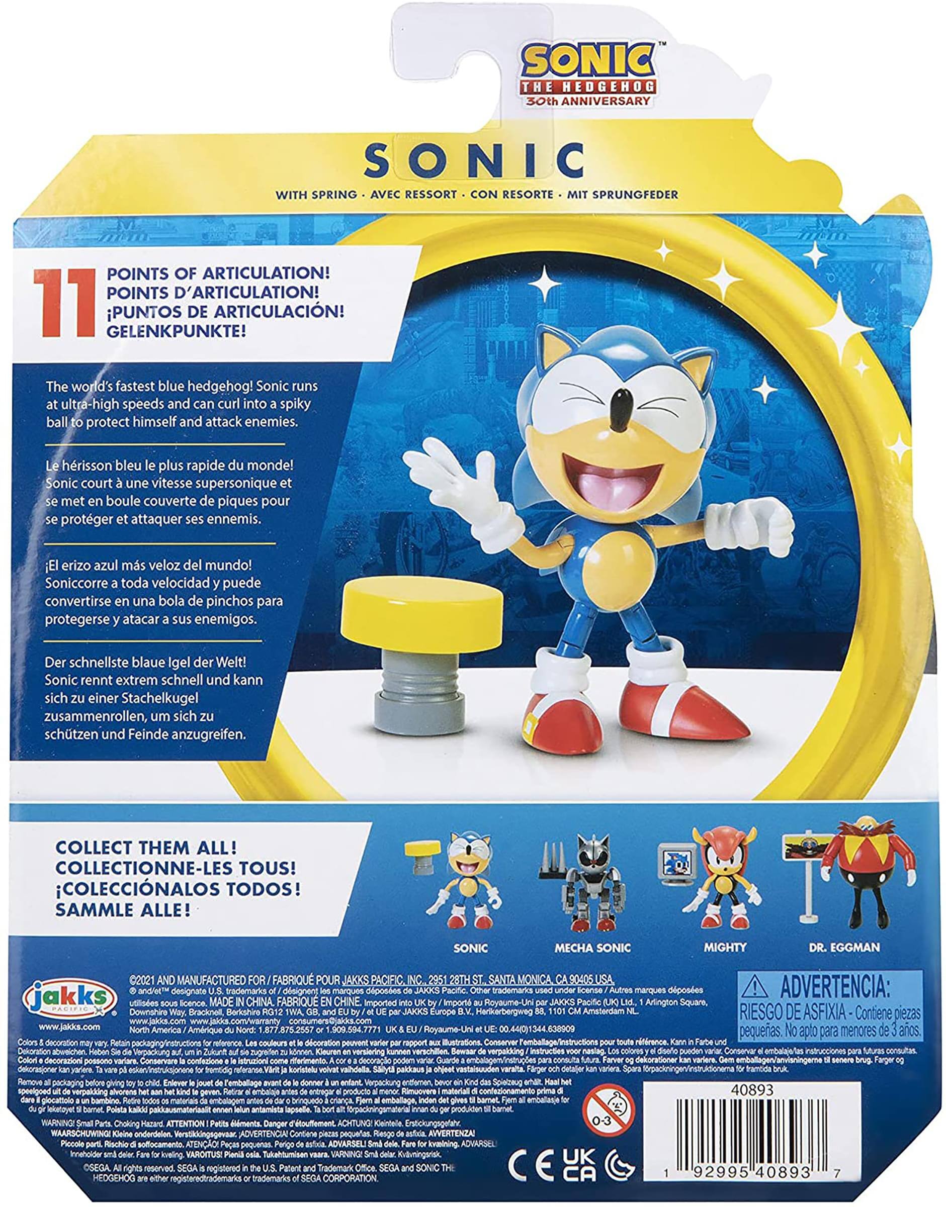 **SONIC THE HEDGEHOG 30th ANNIVERSARY**

**SONIC WITH SPRING - AVEC RESSORT - CON RESORTE - MIT SPRUNGFEDER**

**11 POINTS OF ARTICULATION!**
- POINTS D'ARTICULATION!
- PUNTOS DE ARTICULACIÓN!
- GELENKPUNKTE!

The world's fastest blue hedgehog! Sonic runs at ultra-high speeds and can curl into a spiky ball to protect himself and attack enemies.

- Le hérisson bleu le plus rapide du monde! Sonic court à une vitesse supersonique et se met en boule couverte de piques pour se protéger et attaquer ses ennemis.
- El erizo azul más veloz del mundo! Sonic corre a toda velocidad y puede convertirse en una bola de púas para protegerse y atacar a sus enemigos.
- Der schnellste blaue Igel der Welt! Sonic rennt extrem schnell und kann sich zu einer Stachelkugel zusammenrollen, um sich zu schützen und Feinde anzugreifen.

**COLLECT THEM ALL!**
- COLLECTIONNE-LES TOUS!
