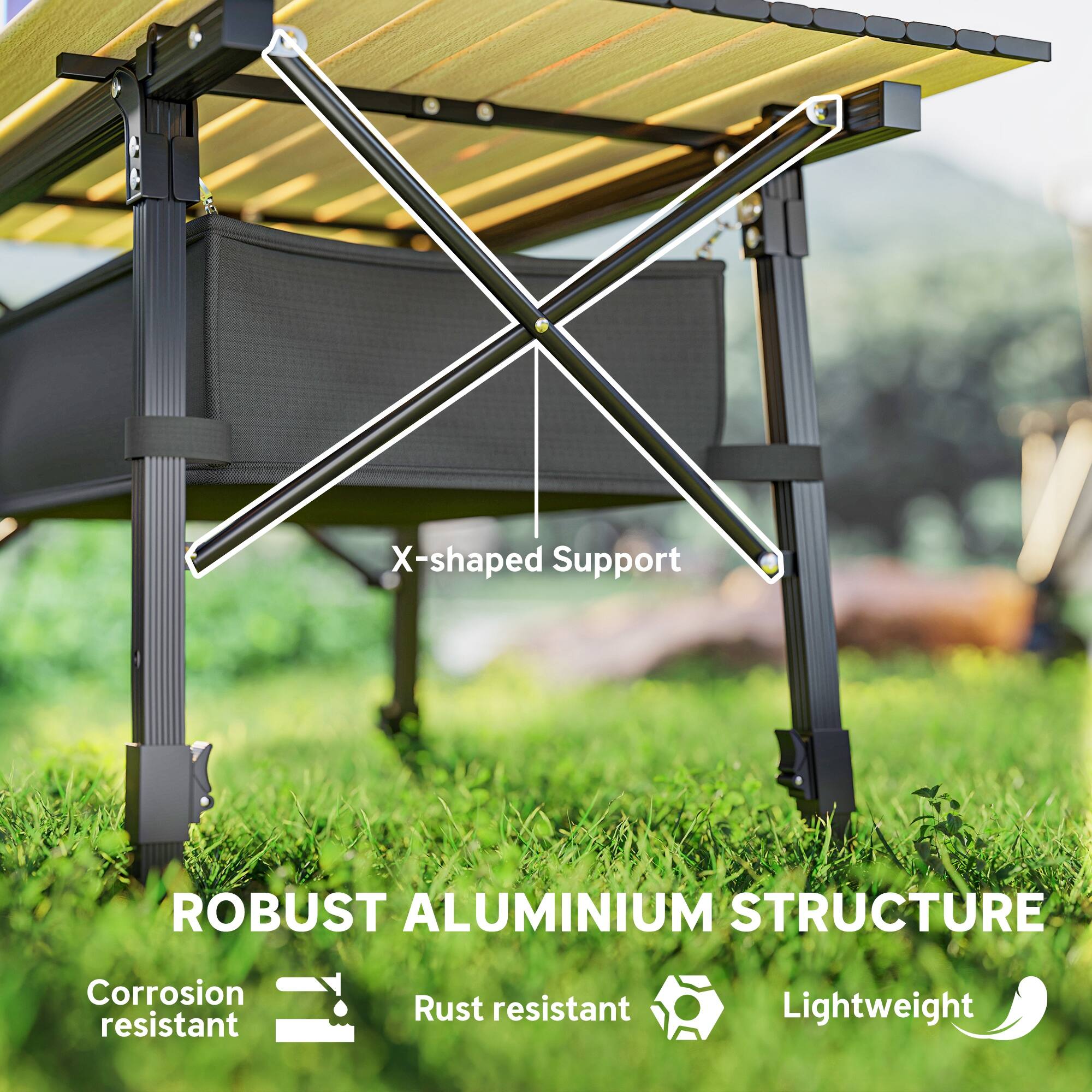 X-shaped Support, ROBUST ALUMINIUM STRUCTURE, Corrosion resistant, Rust resistant, Lightweight