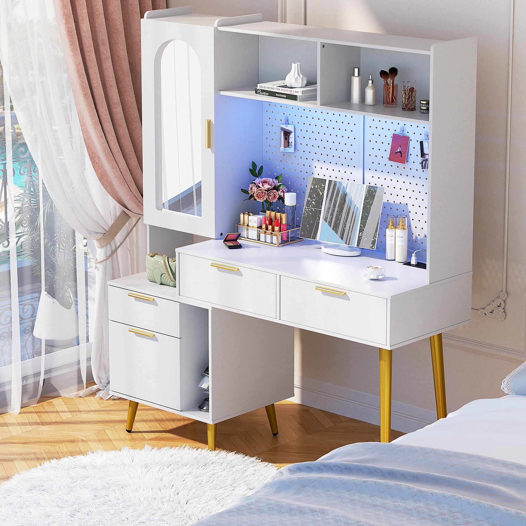 Left. Aheaplus - 48" LED Vanity with Charging Station & 5 Drawers - Built-in Organizer - White.